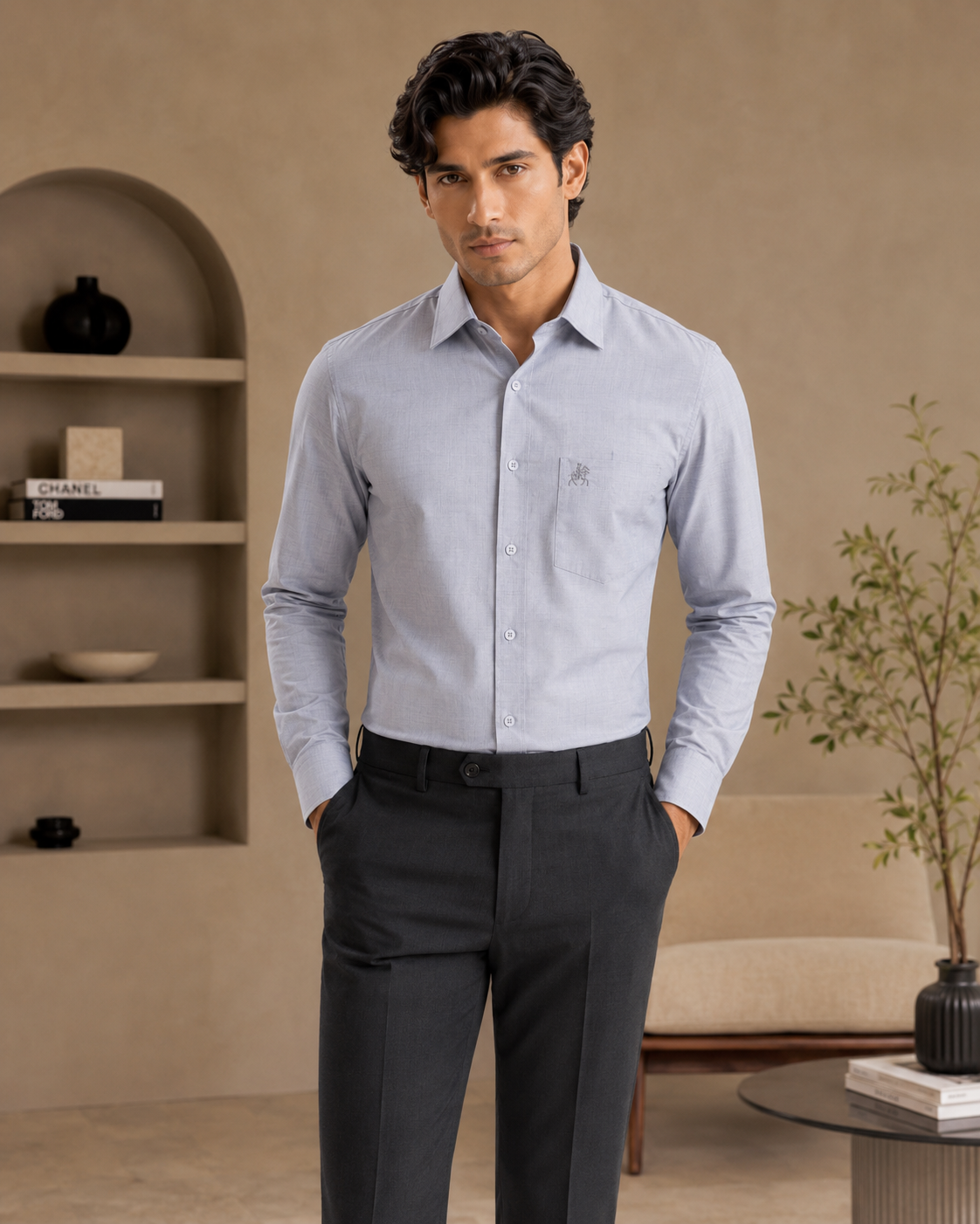 Men Light Grey Solid Premium Formal Shirt
