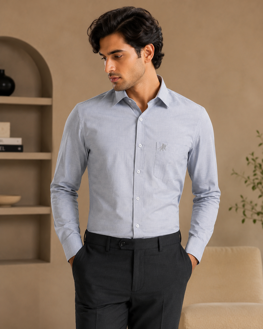 Men Light Grey Solid Premium Formal Shirt