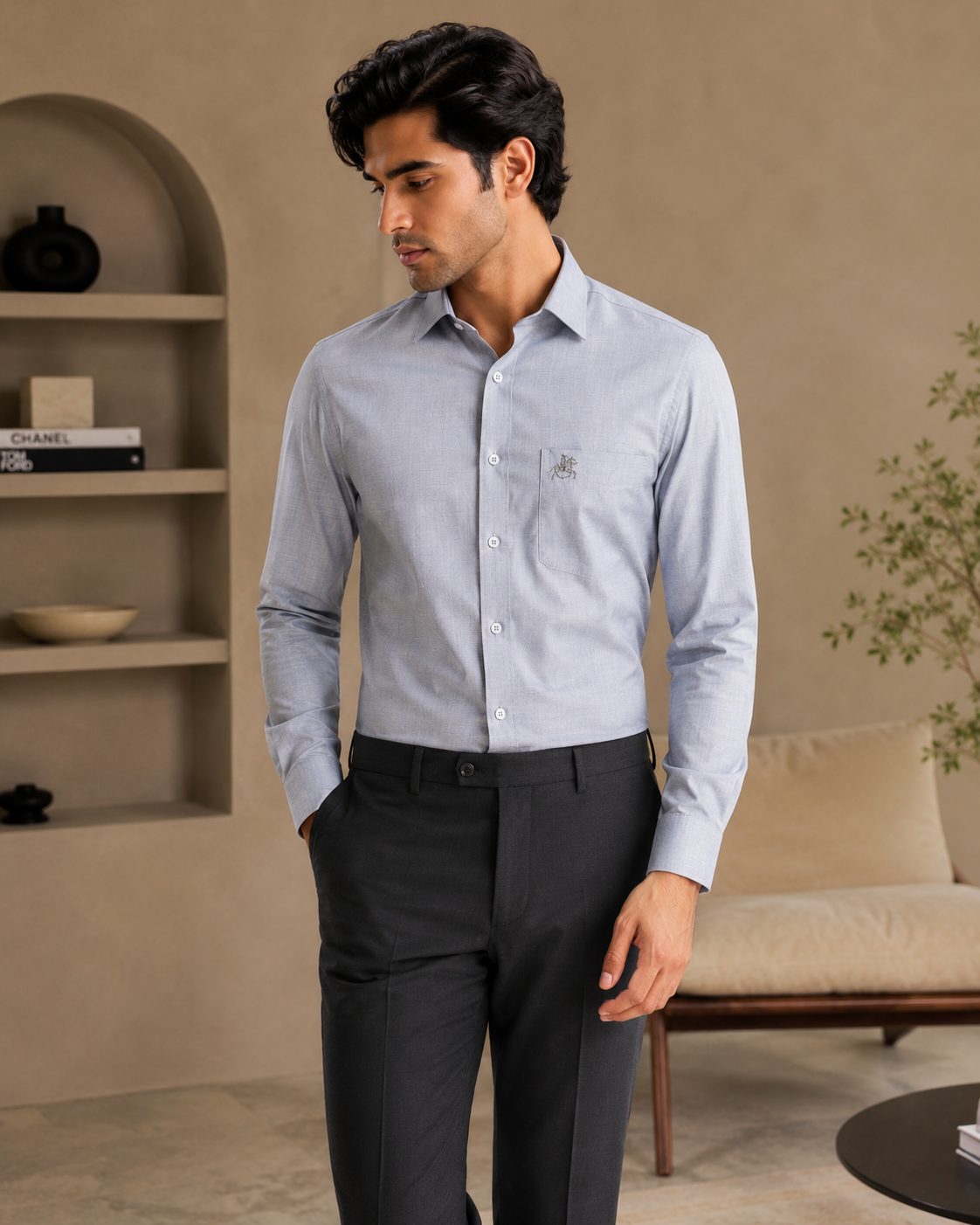 Men Light Grey Solid Premium Formal Shirt