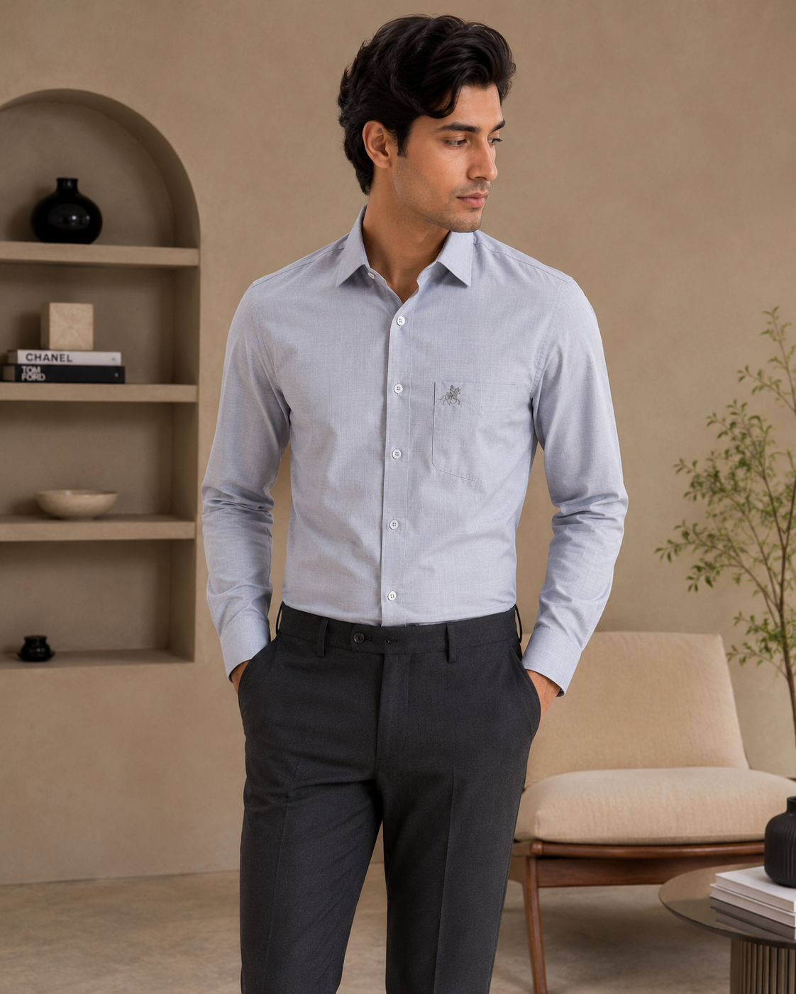 Men Light Grey Solid Premium Formal Shirt