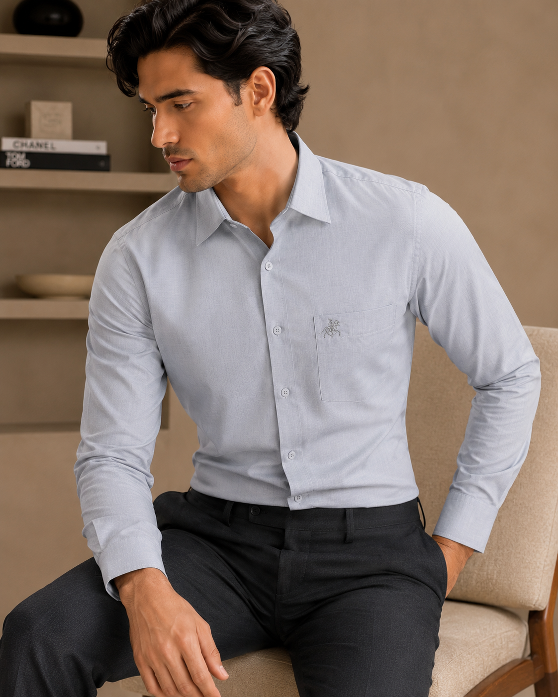 Men Light Grey Solid Premium Formal Shirt