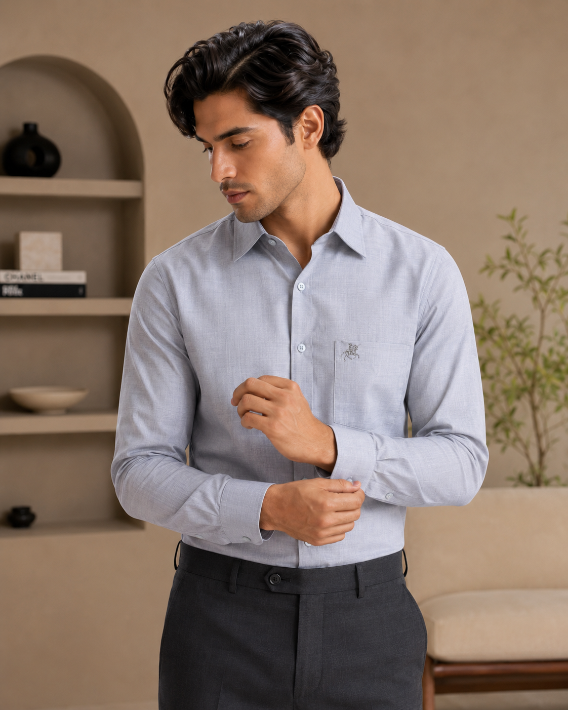 Men Light Grey Solid Premium Formal Shirt