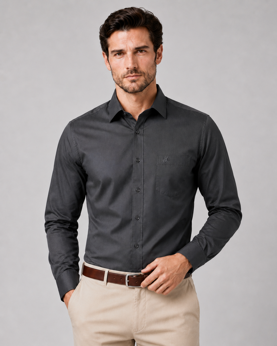 Men Dark Grey Solid Premium Formal Shirt