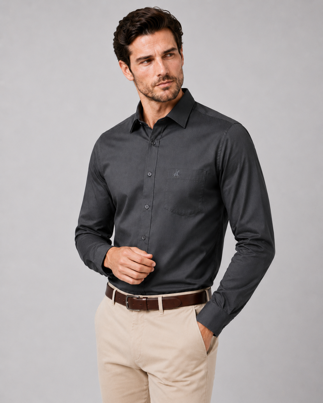Men Dark Grey Solid Premium Formal Shirt