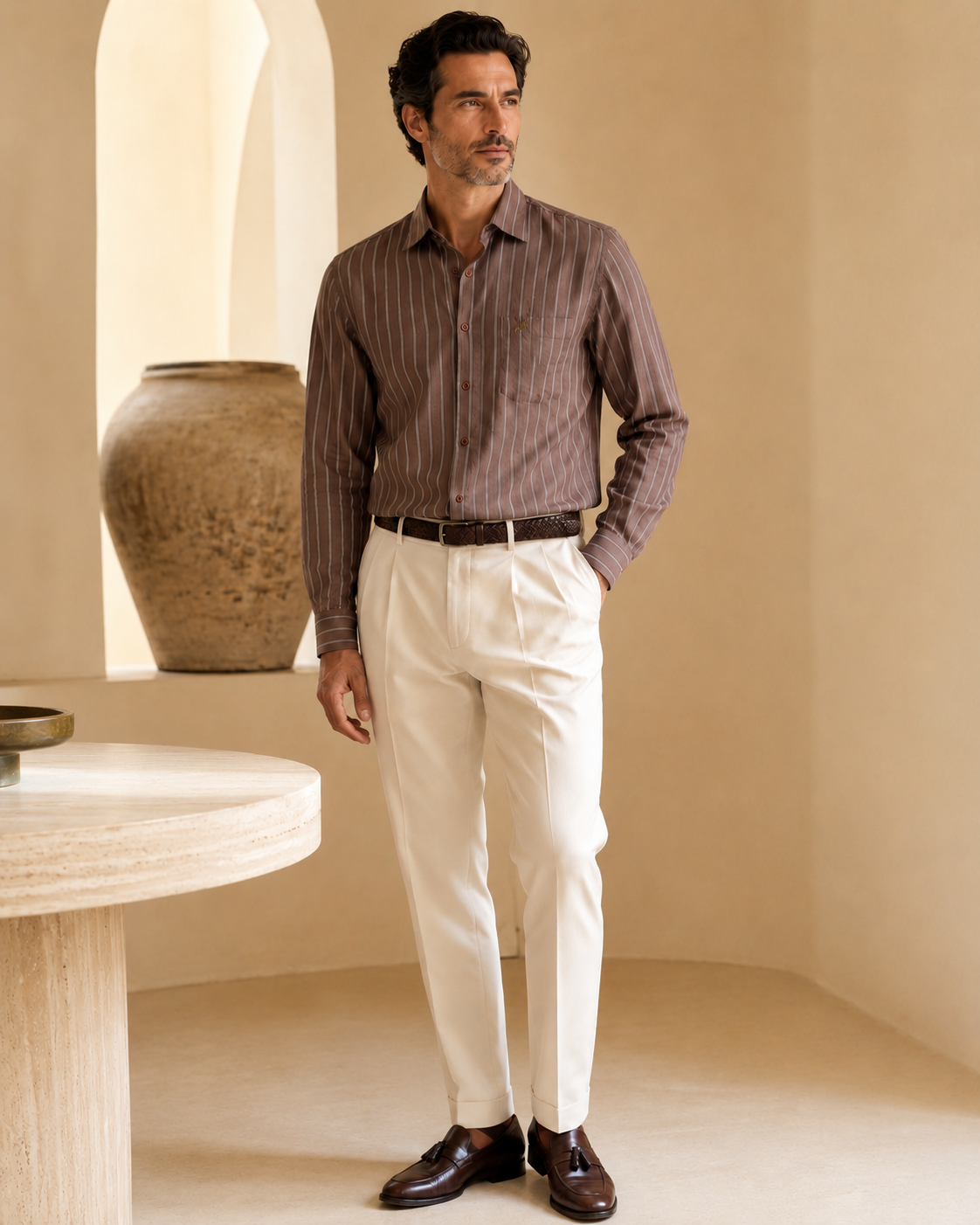 Brown Striped Premium Cotton Casual Shirt