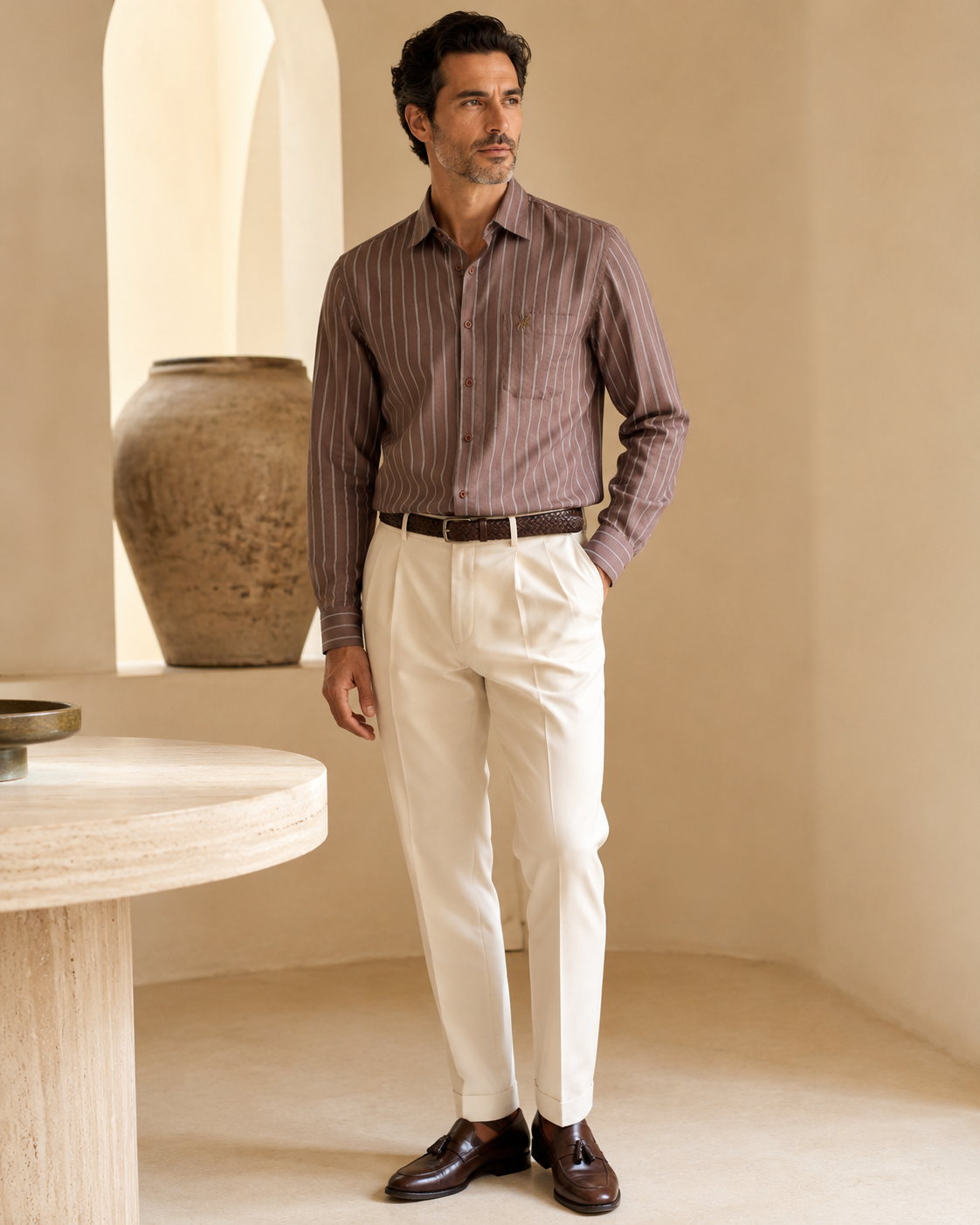 Brown Striped Premium Cotton Casual Shirt