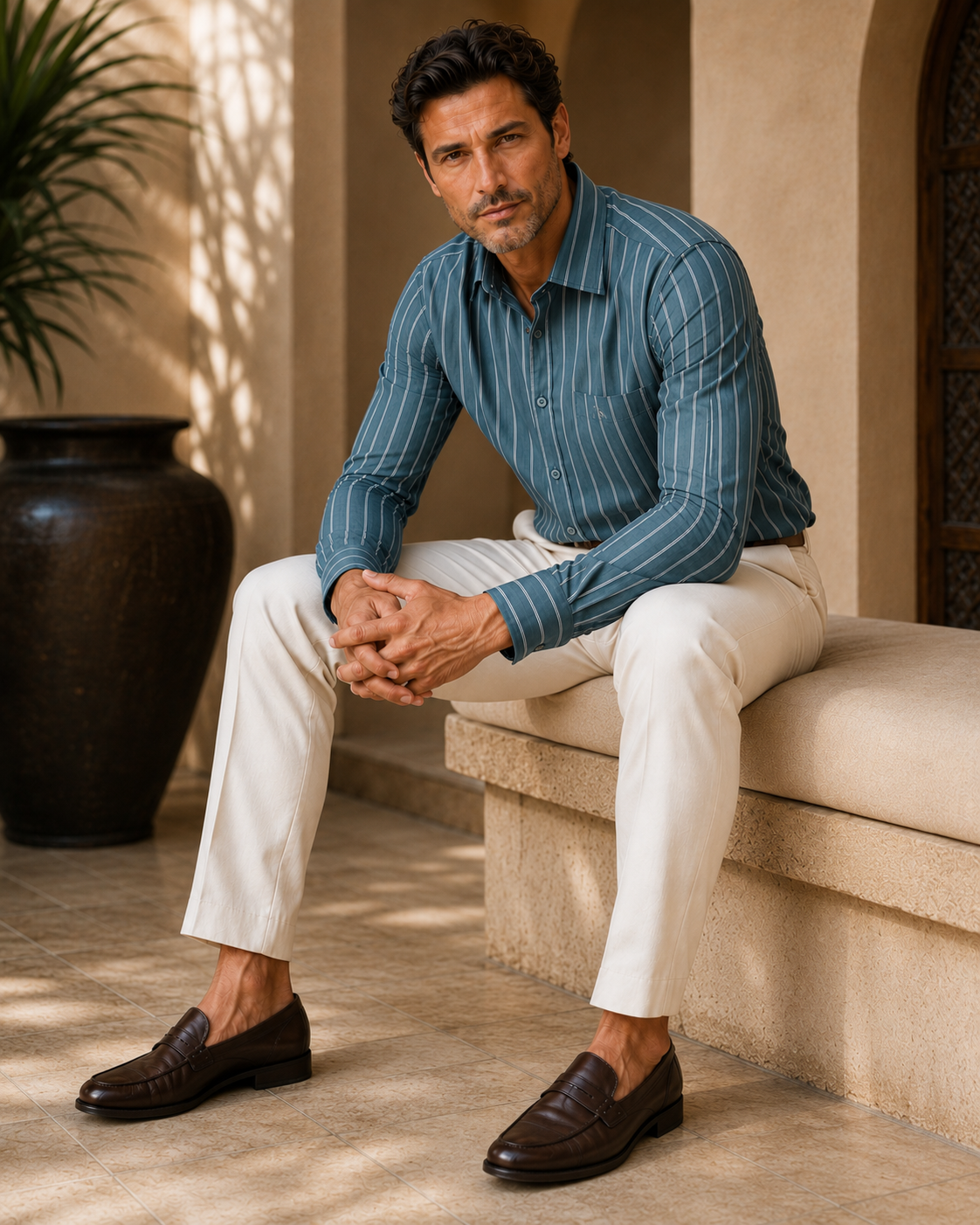 Slate Blue Striped Premium Cotton Casual Shirt