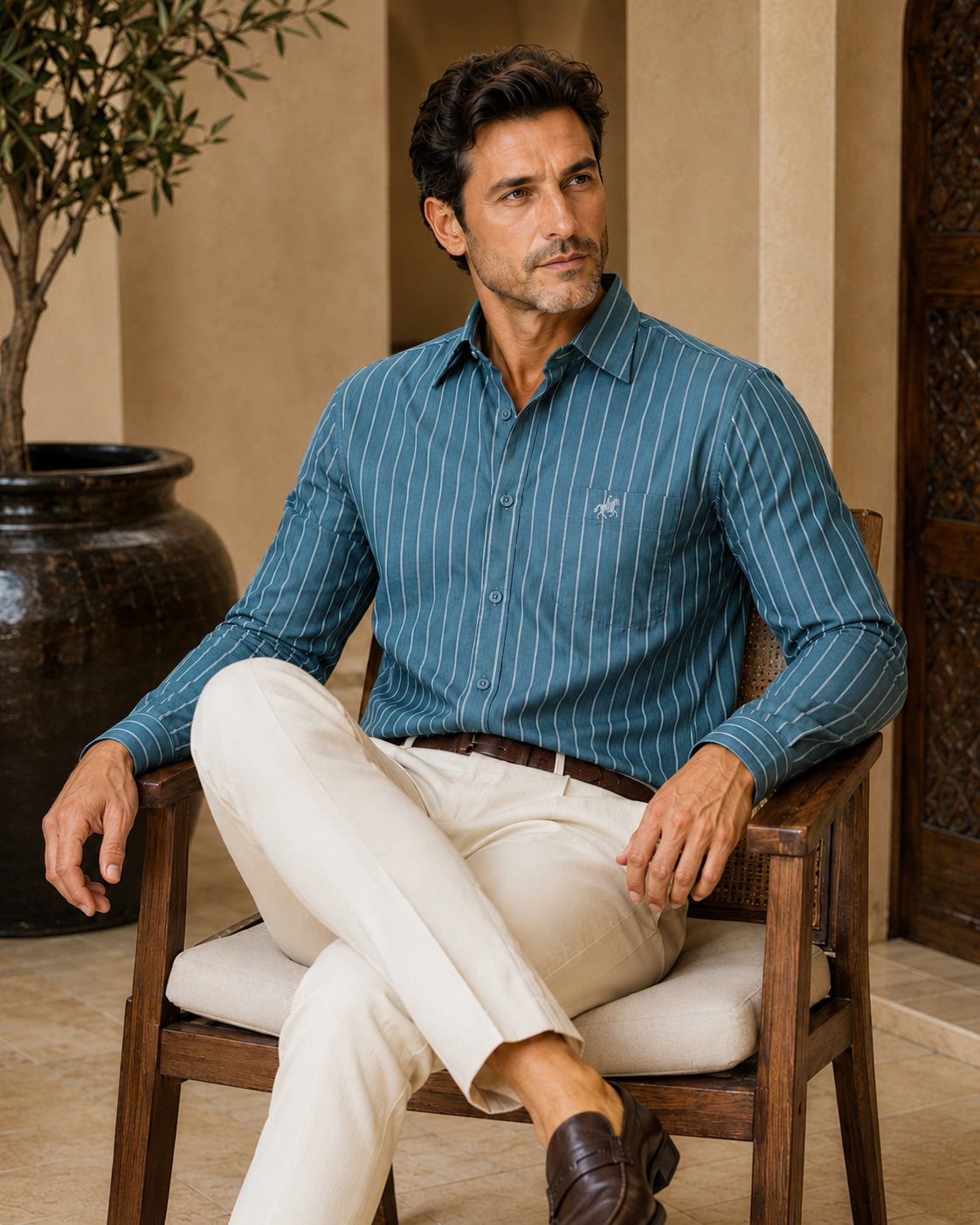 Slate Blue Striped Premium Cotton Casual Shirt