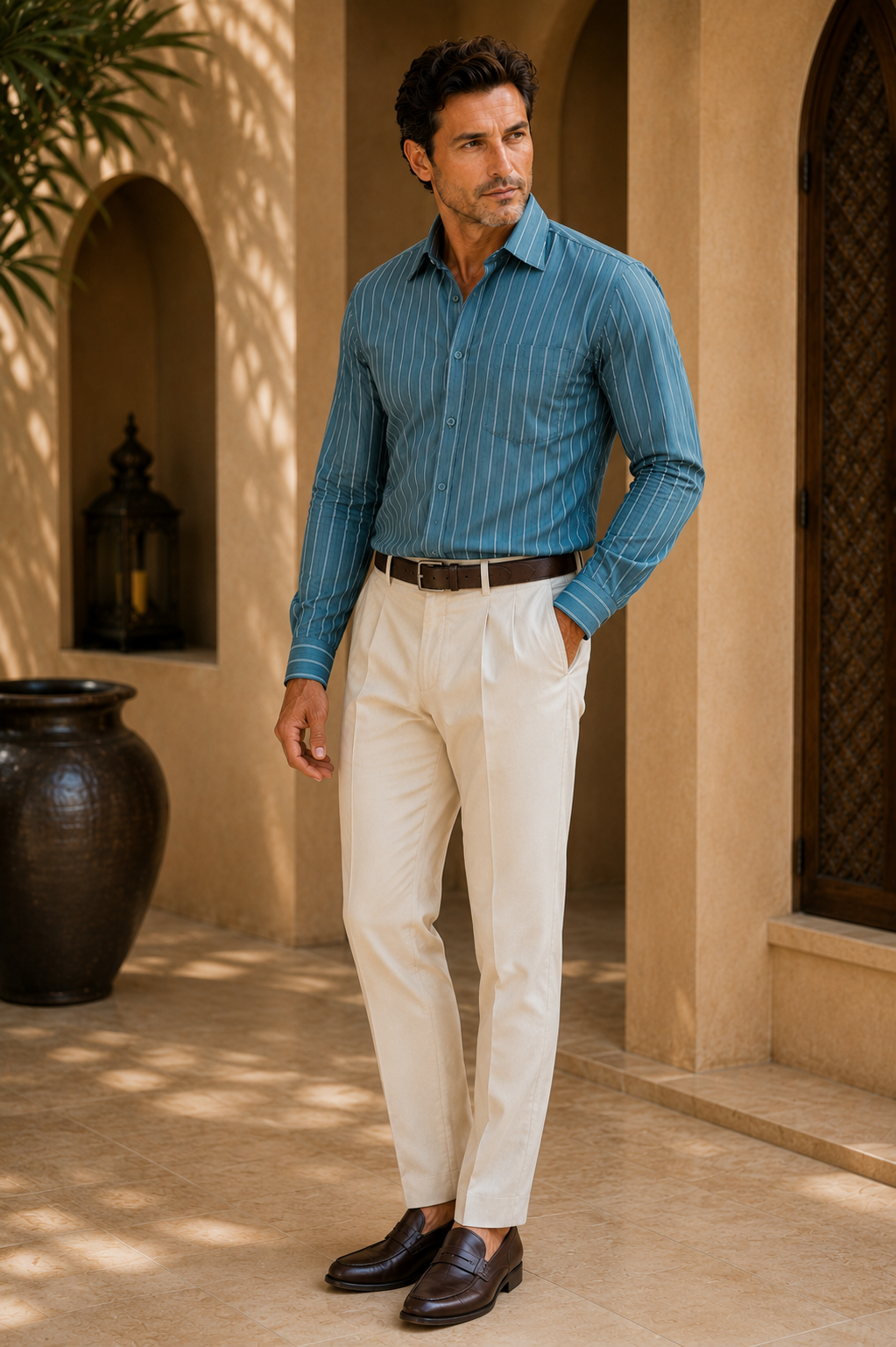Slate Blue Striped Premium Cotton Casual Shirt