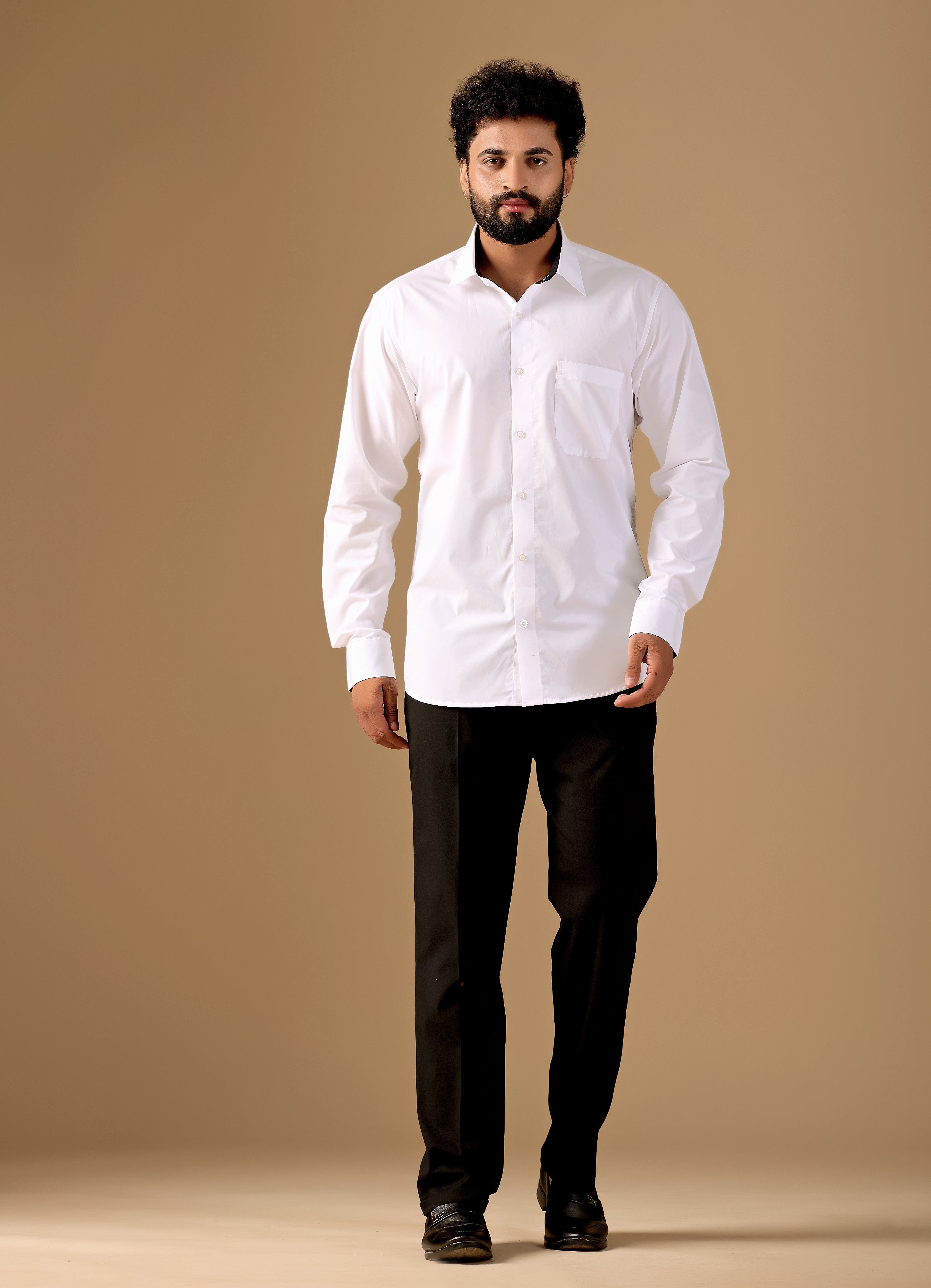 Men White Solid Supima Cotton Shirt with Black Contrast Detail