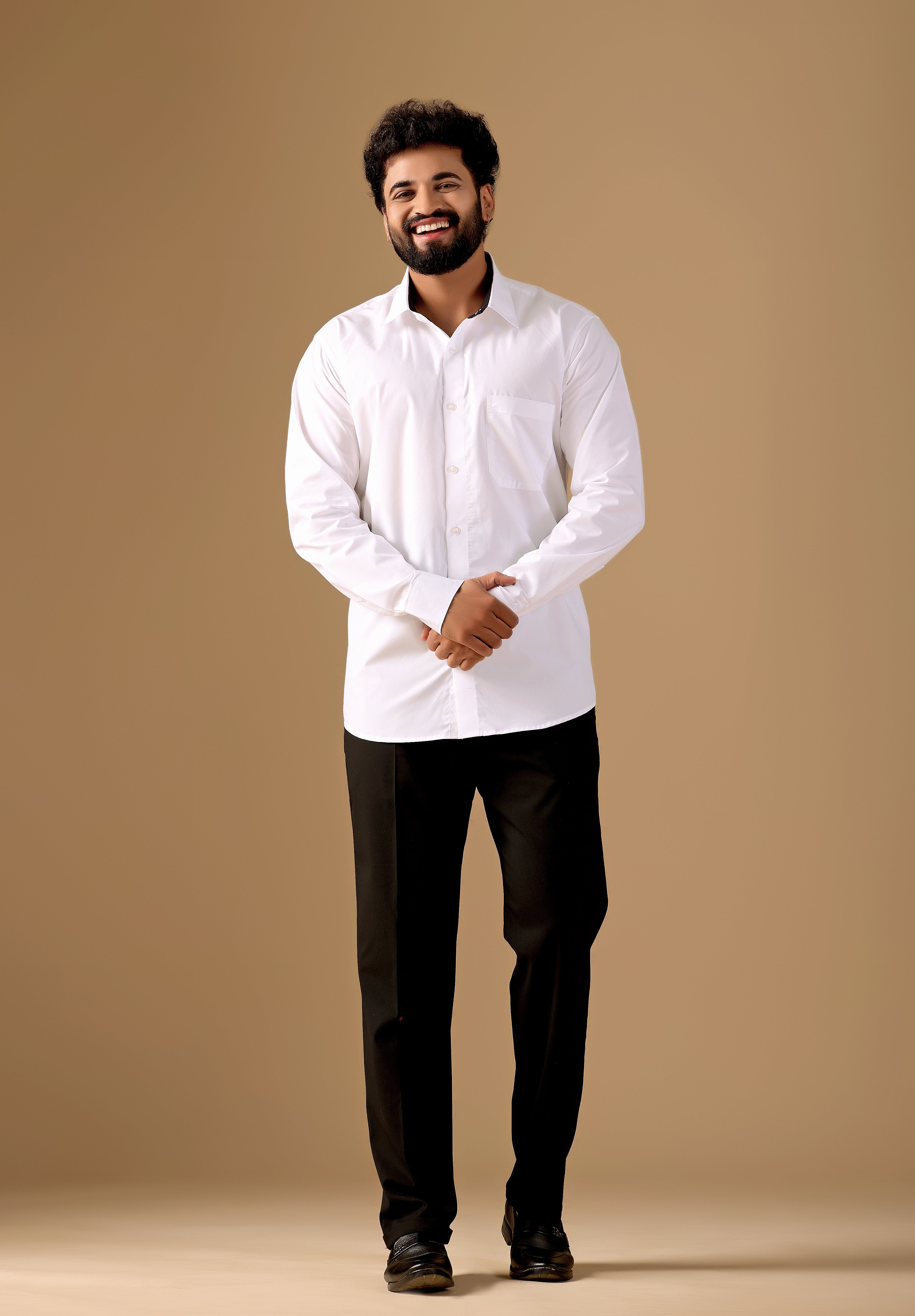 Men White Solid Supima Cotton Shirt with Black Contrast Detail