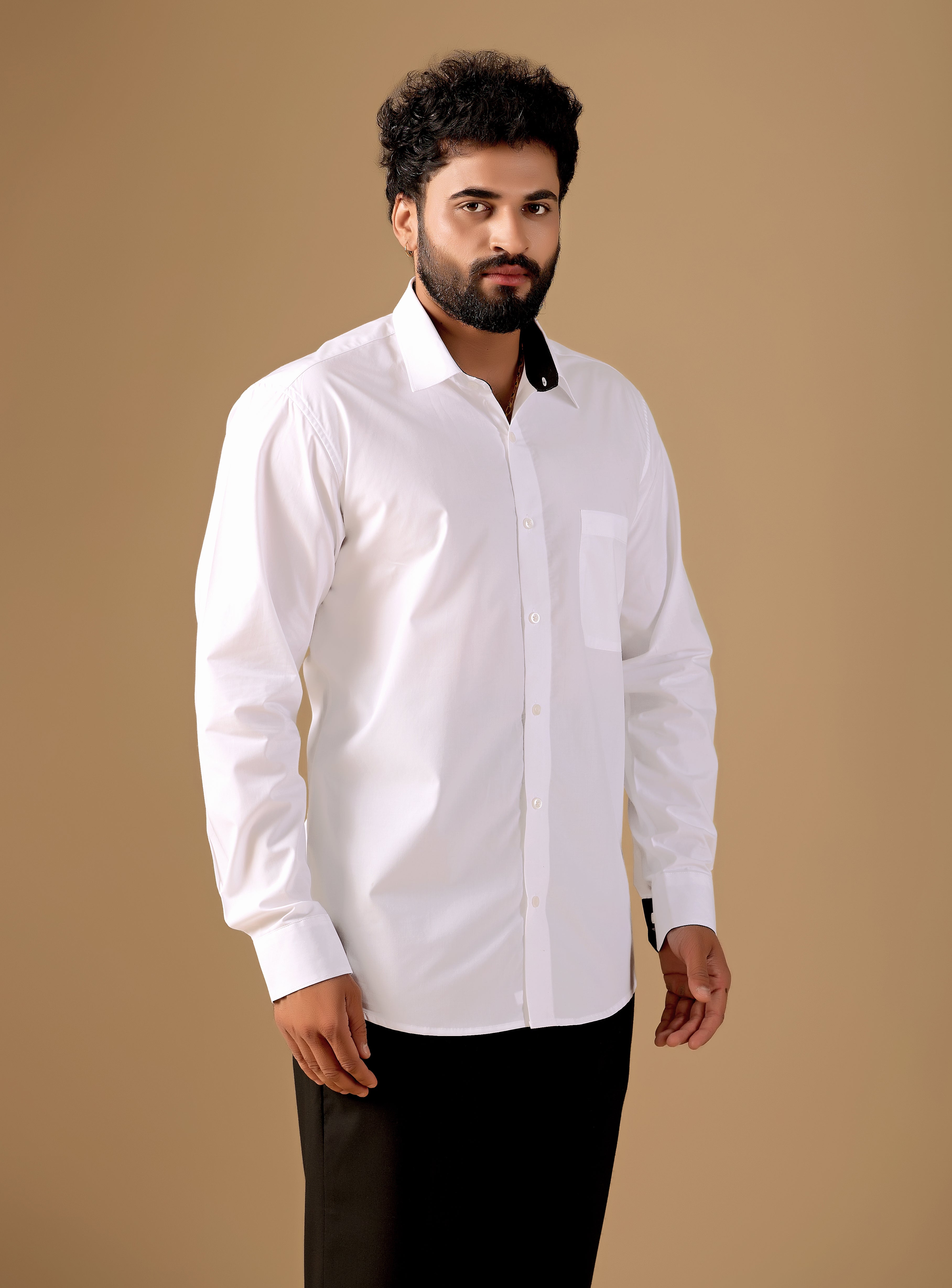 Men White Solid Supima Cotton Shirt with Black Contrast Detail