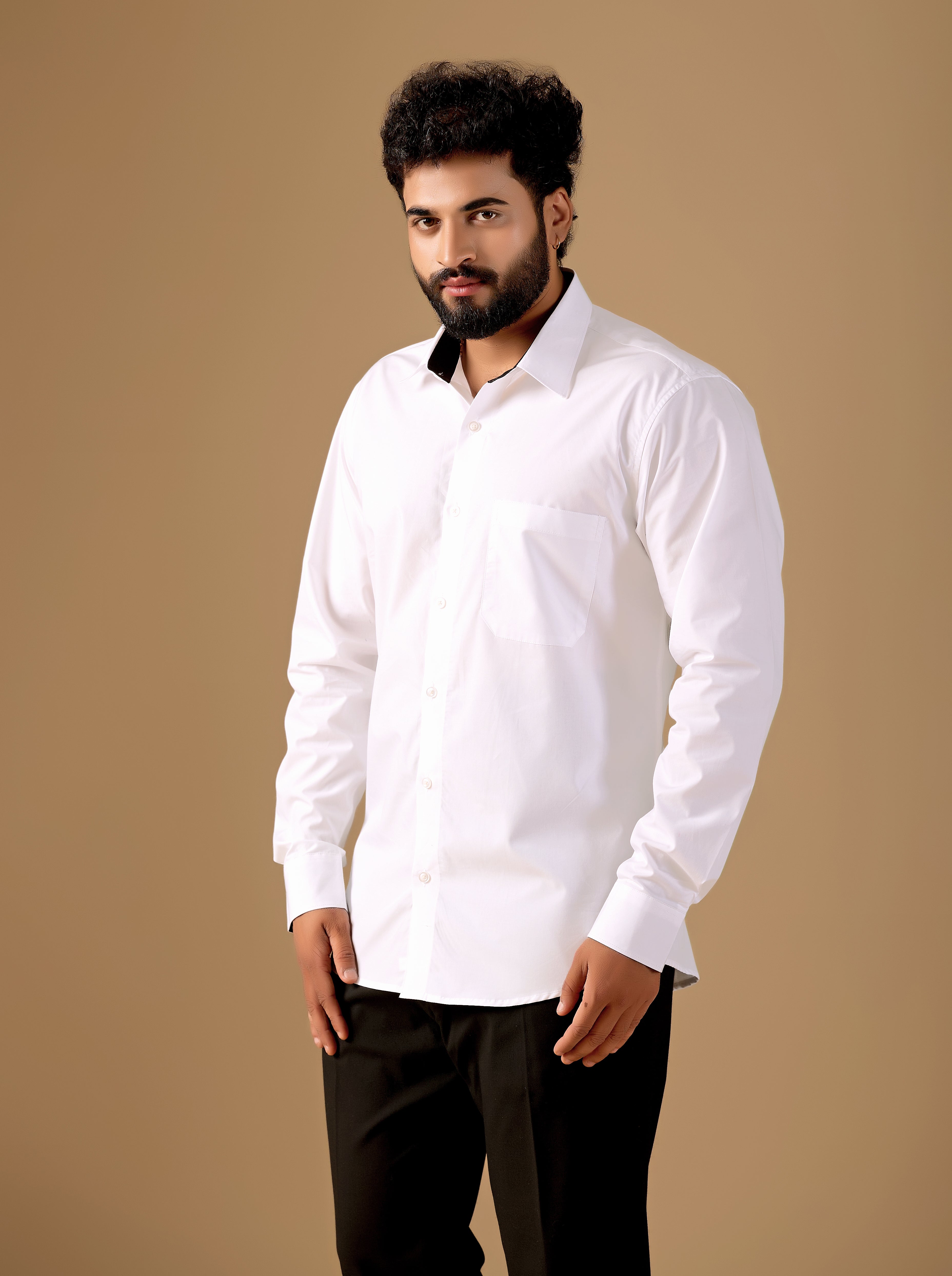 Men White Solid Supima Cotton Shirt with Black Contrast Detail
