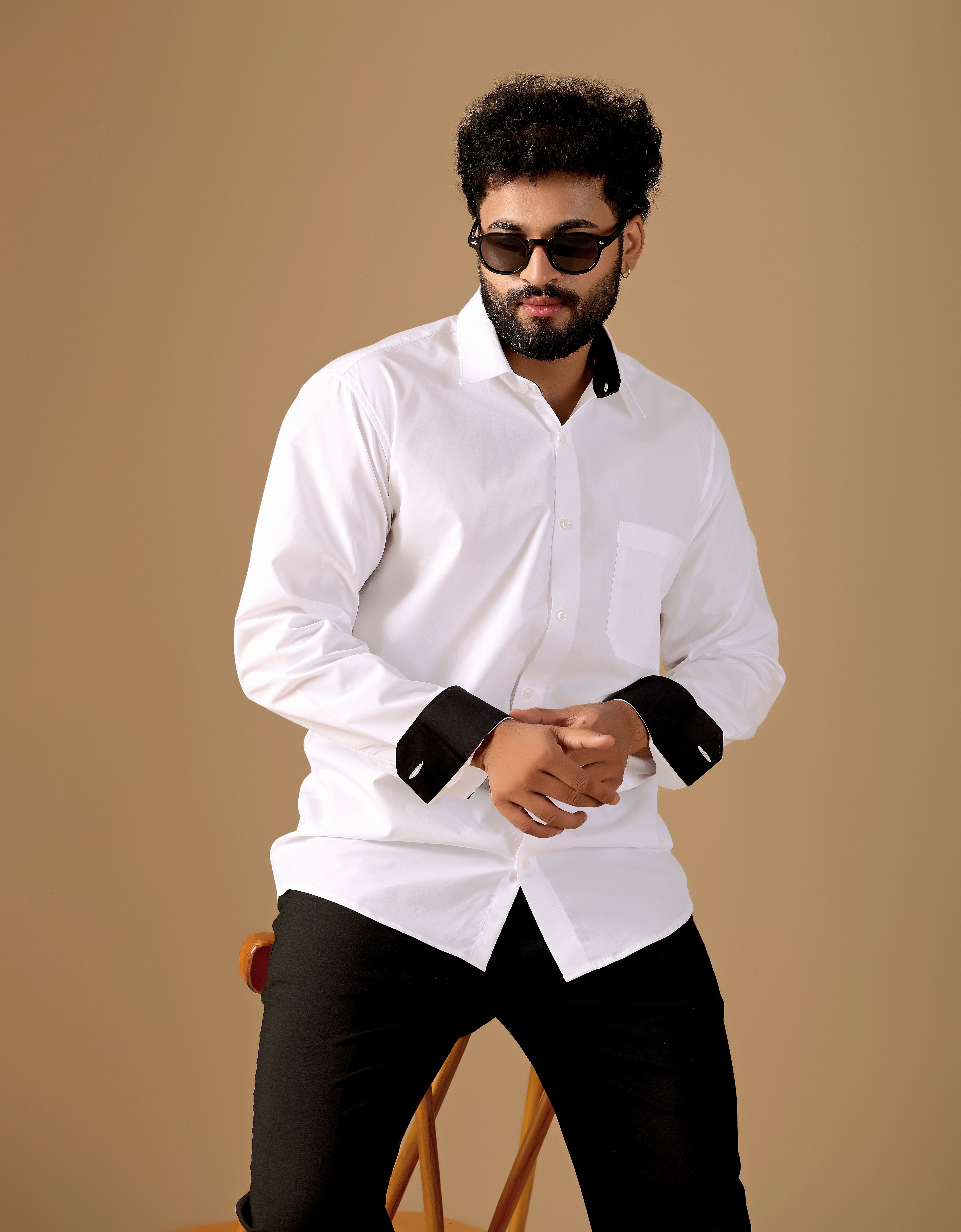 Men White Solid Supima Cotton Shirt with Black Contrast Detail