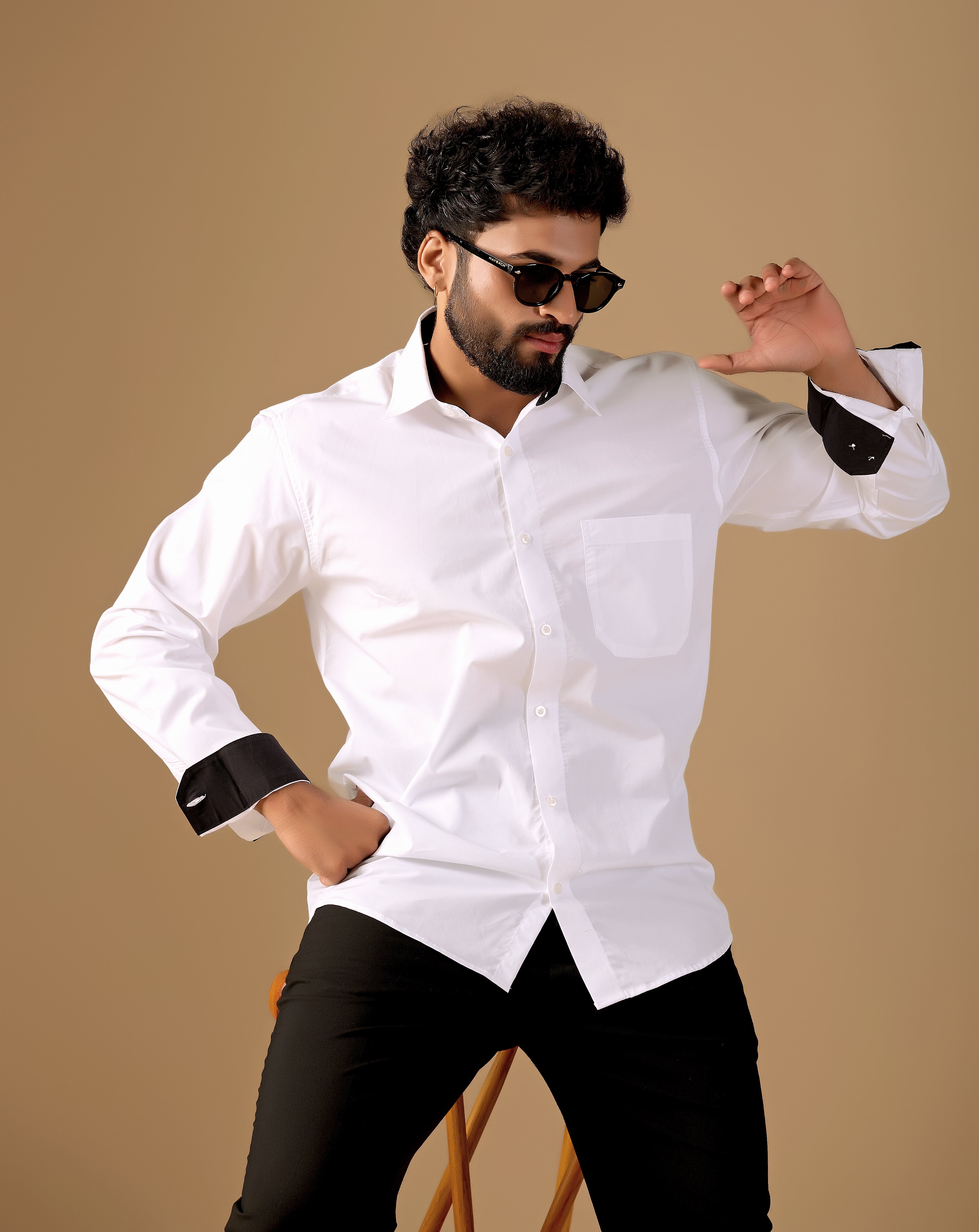 Men White Solid Supima Cotton Shirt with Black Contrast Detail