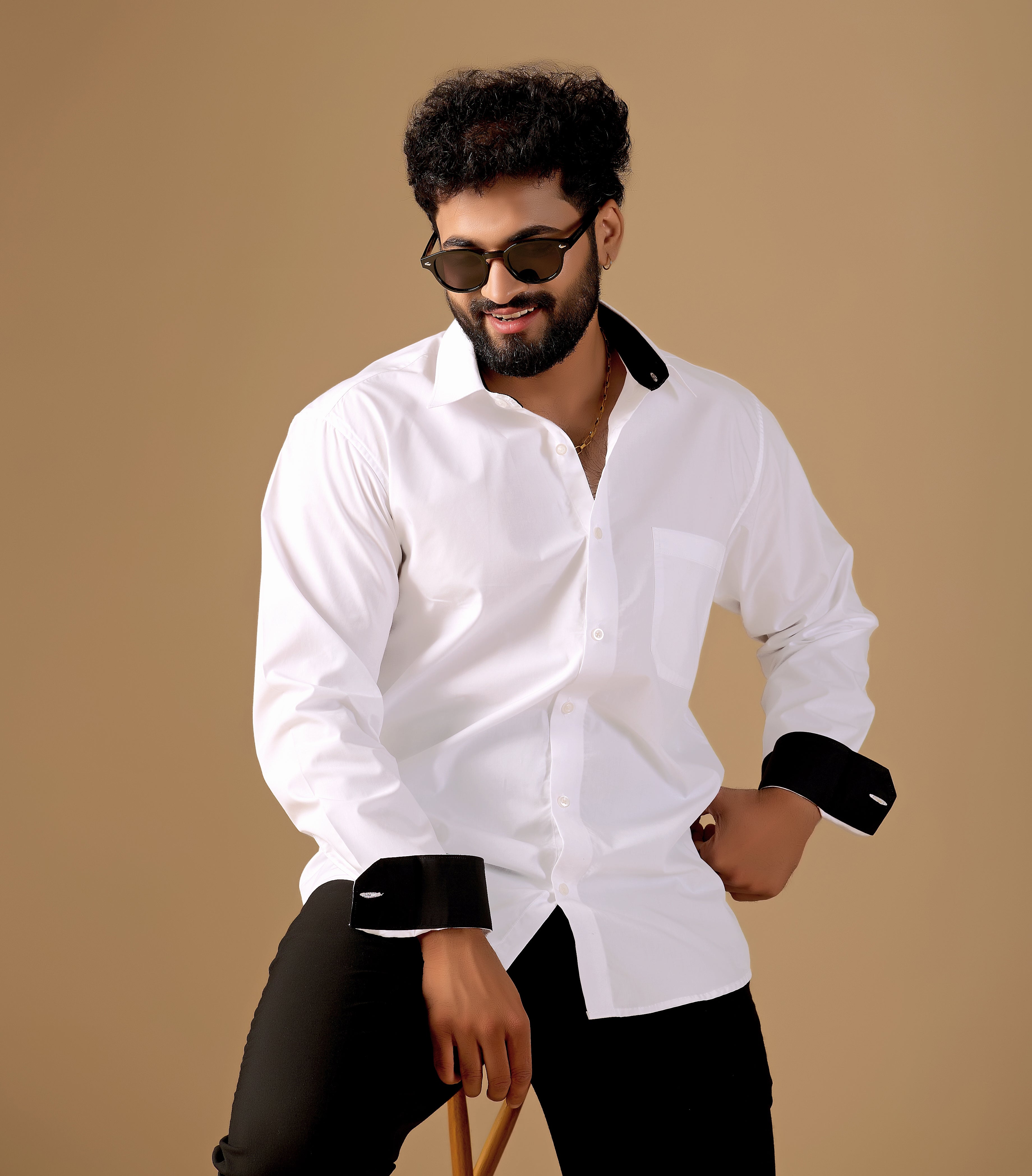 Men White Solid Supima Cotton Shirt with Black Contrast Detail
