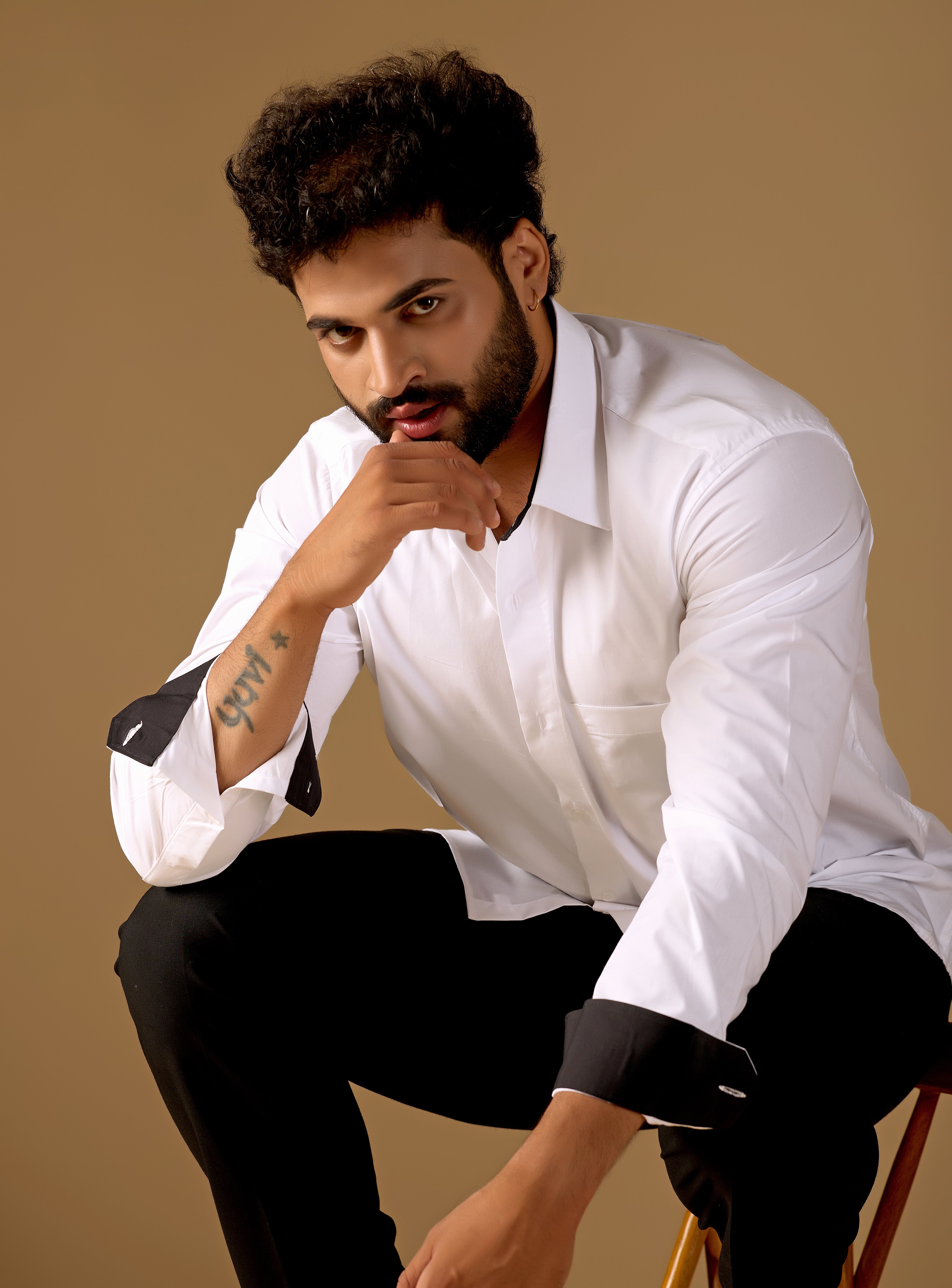 Men White Solid Supima Cotton Shirt with Black Contrast Detail