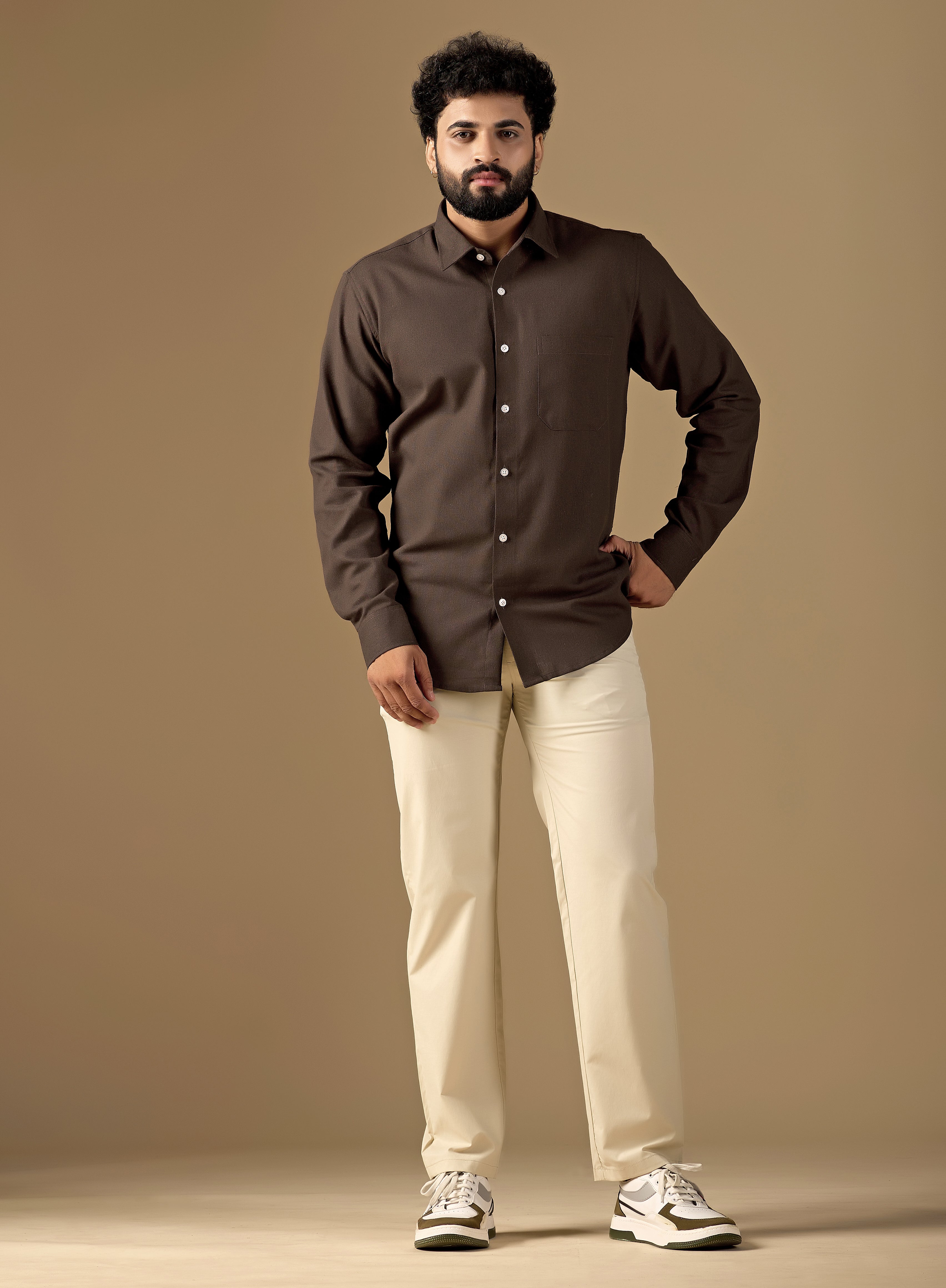 Men Brown Solid Pure Khadi Shirt