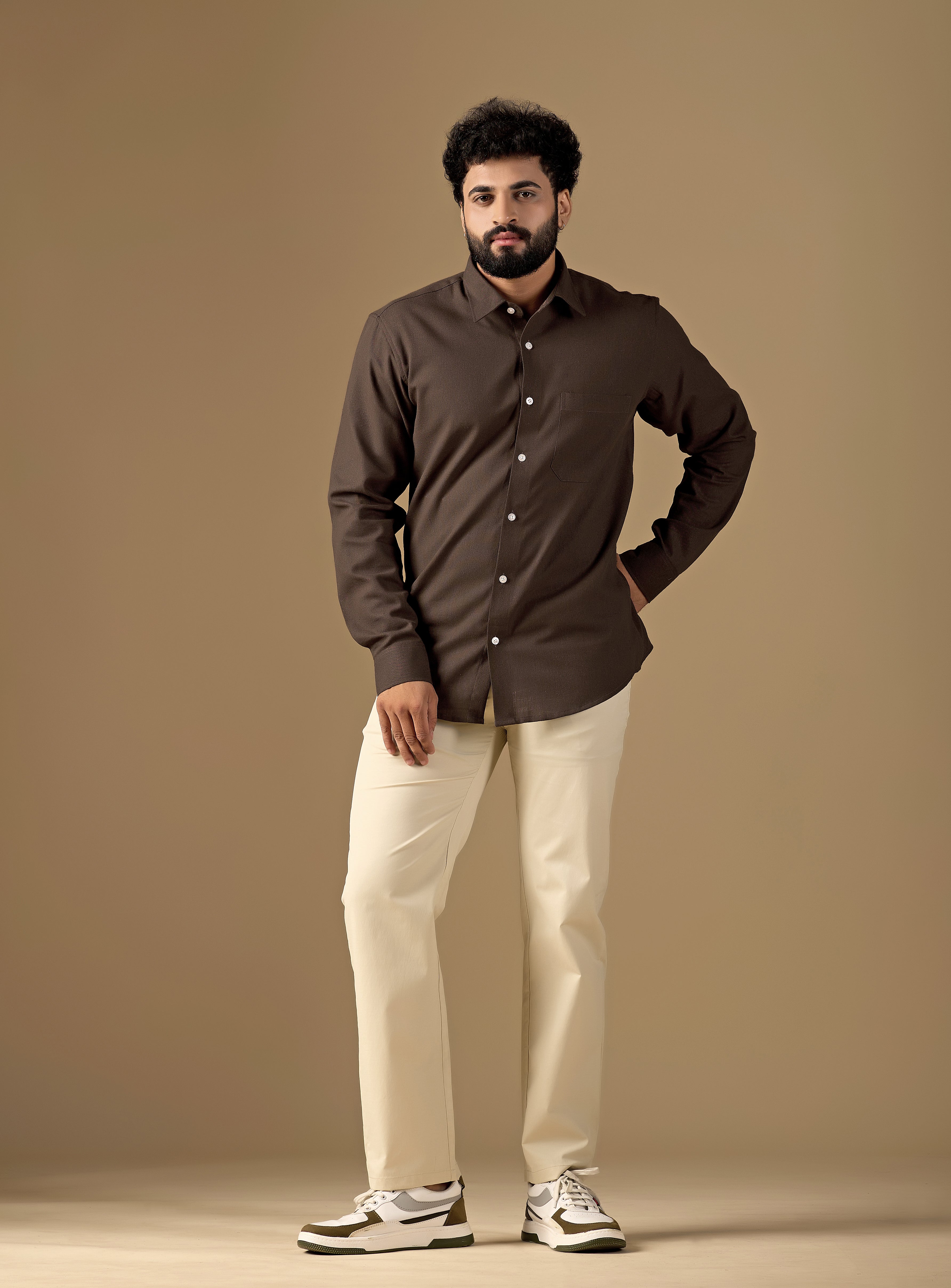 Men Brown Solid Pure Khadi Shirt