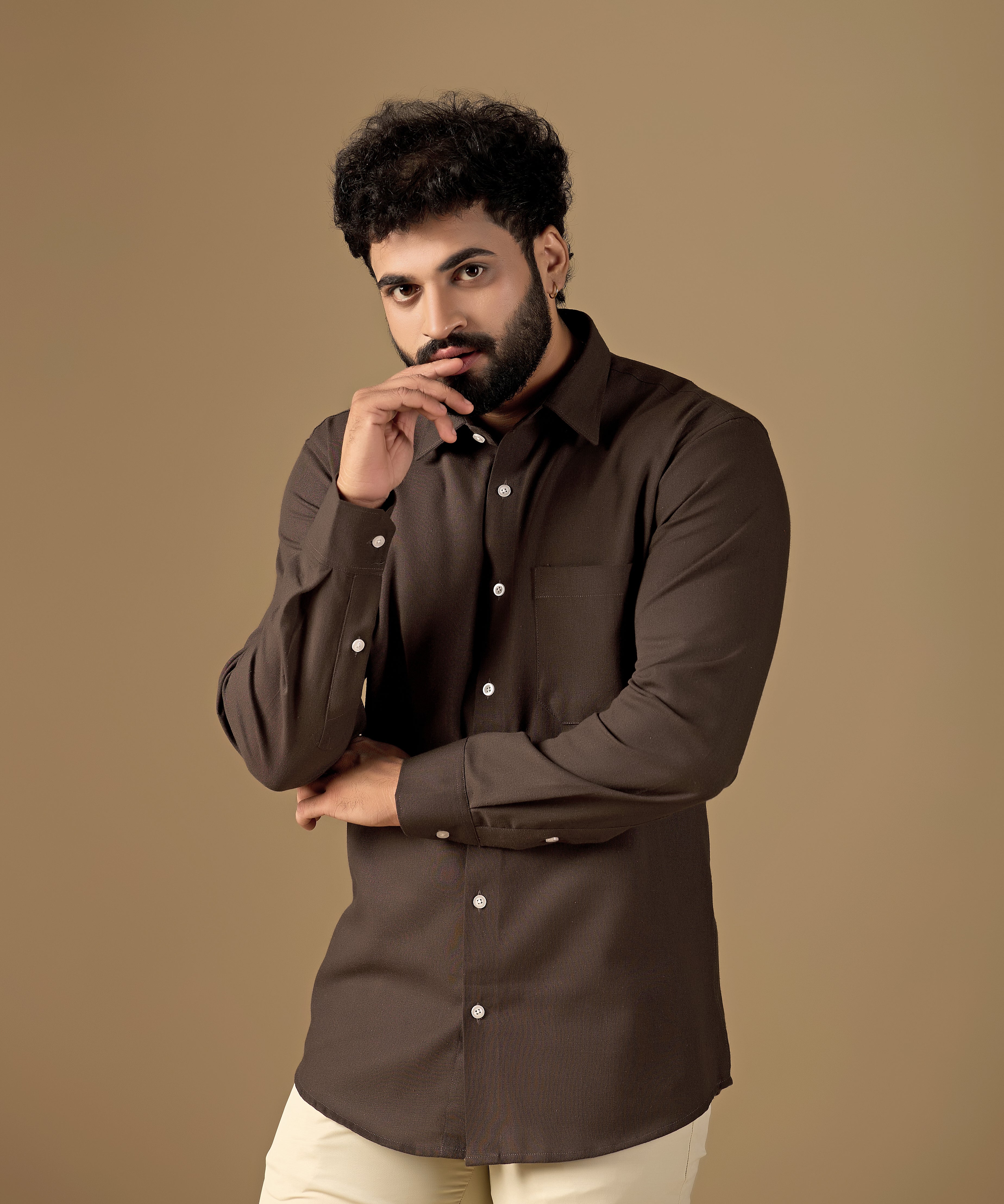 Men Brown Solid Pure Khadi Shirt