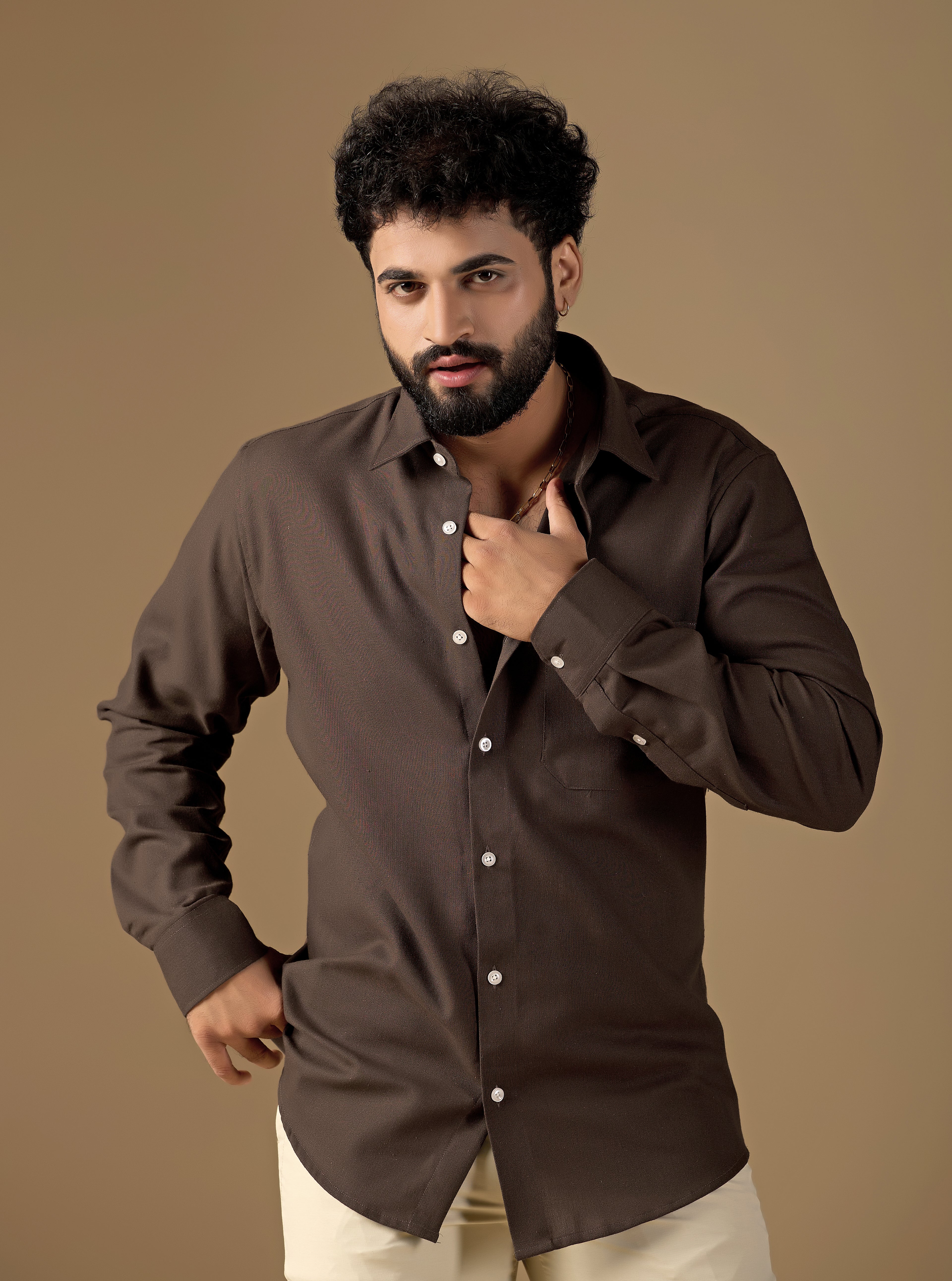 Men Brown Solid Pure Khadi Shirt