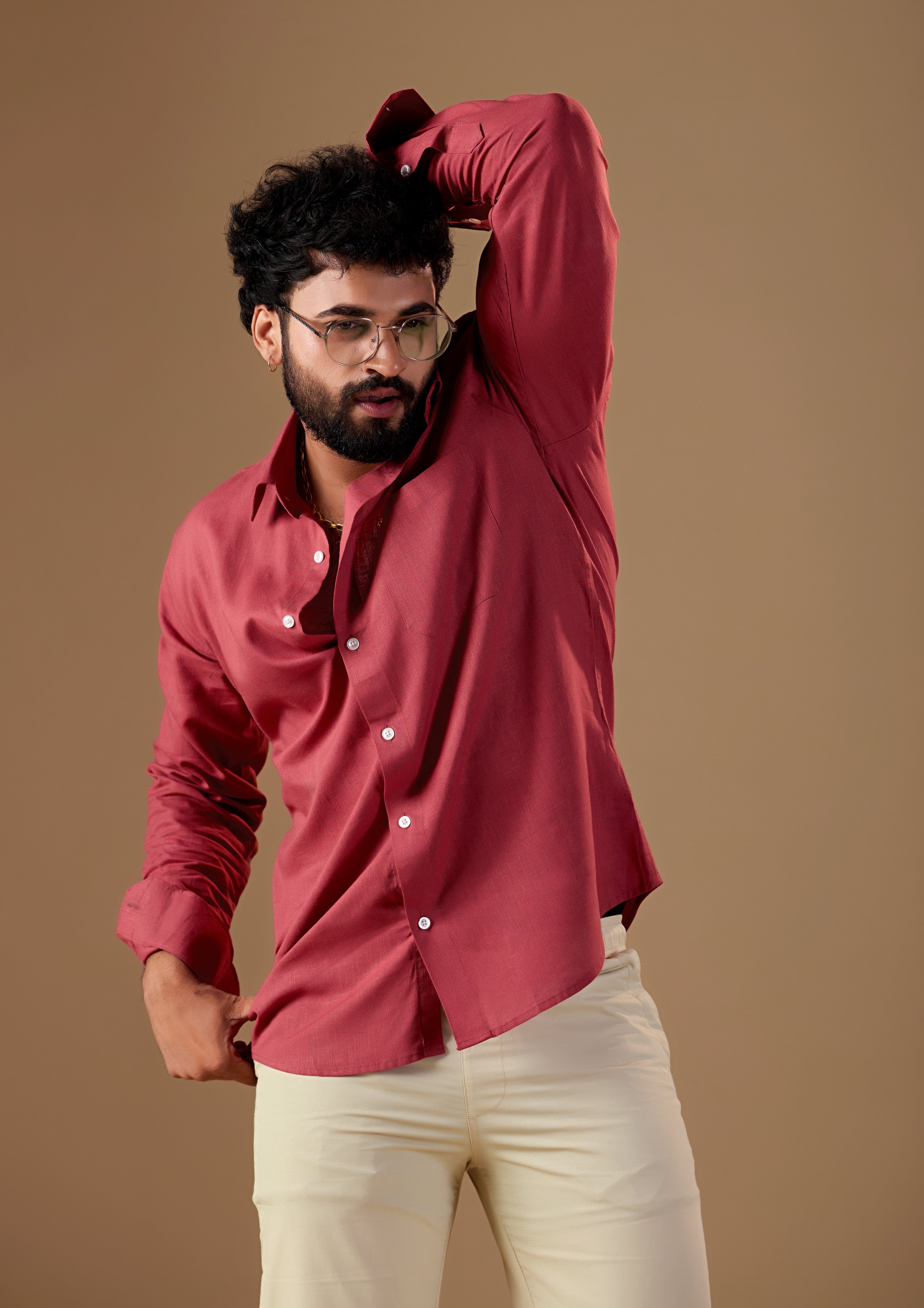 Men Red Solid Pure Linen Shirt