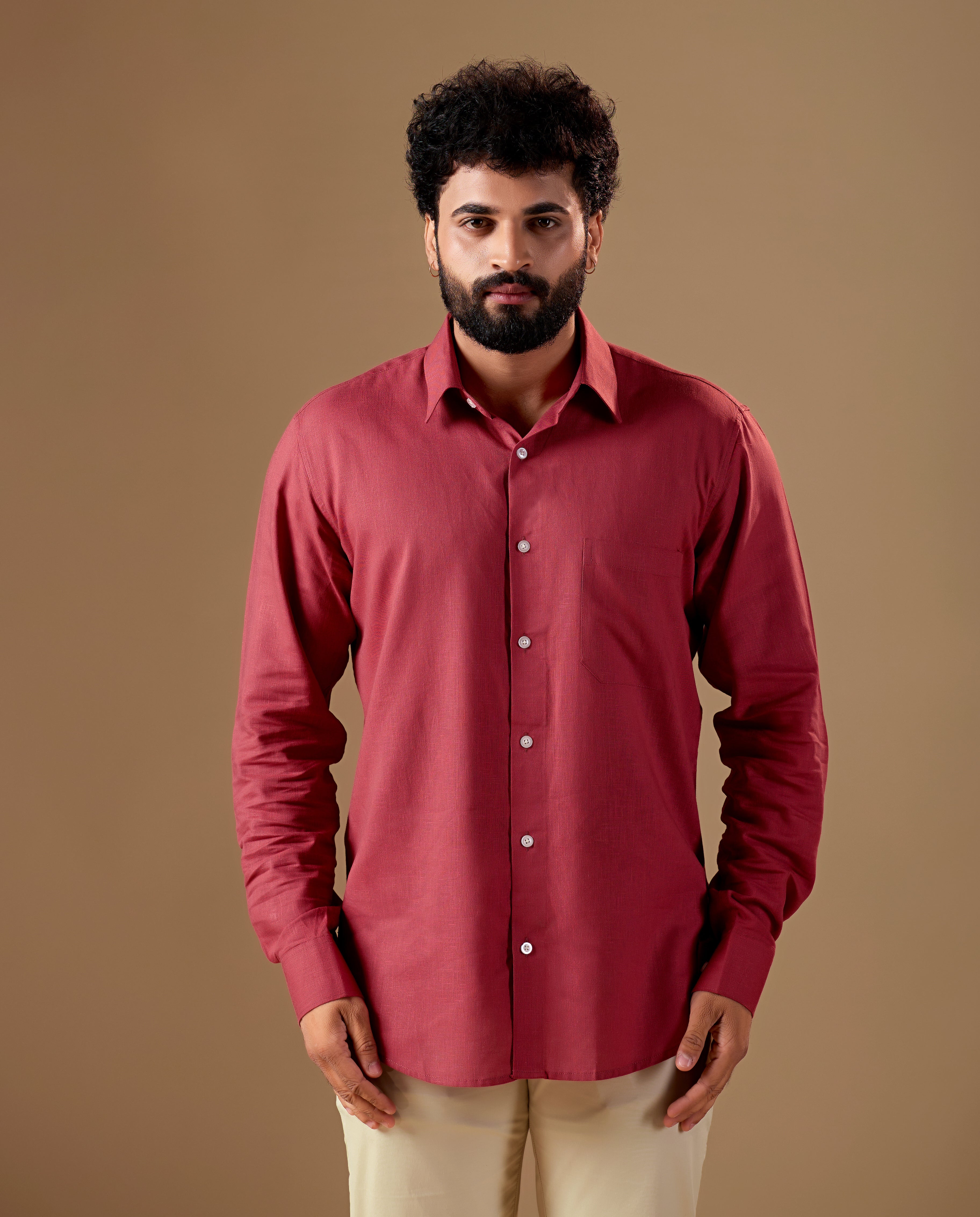 Men Red Solid Pure Linen Shirt