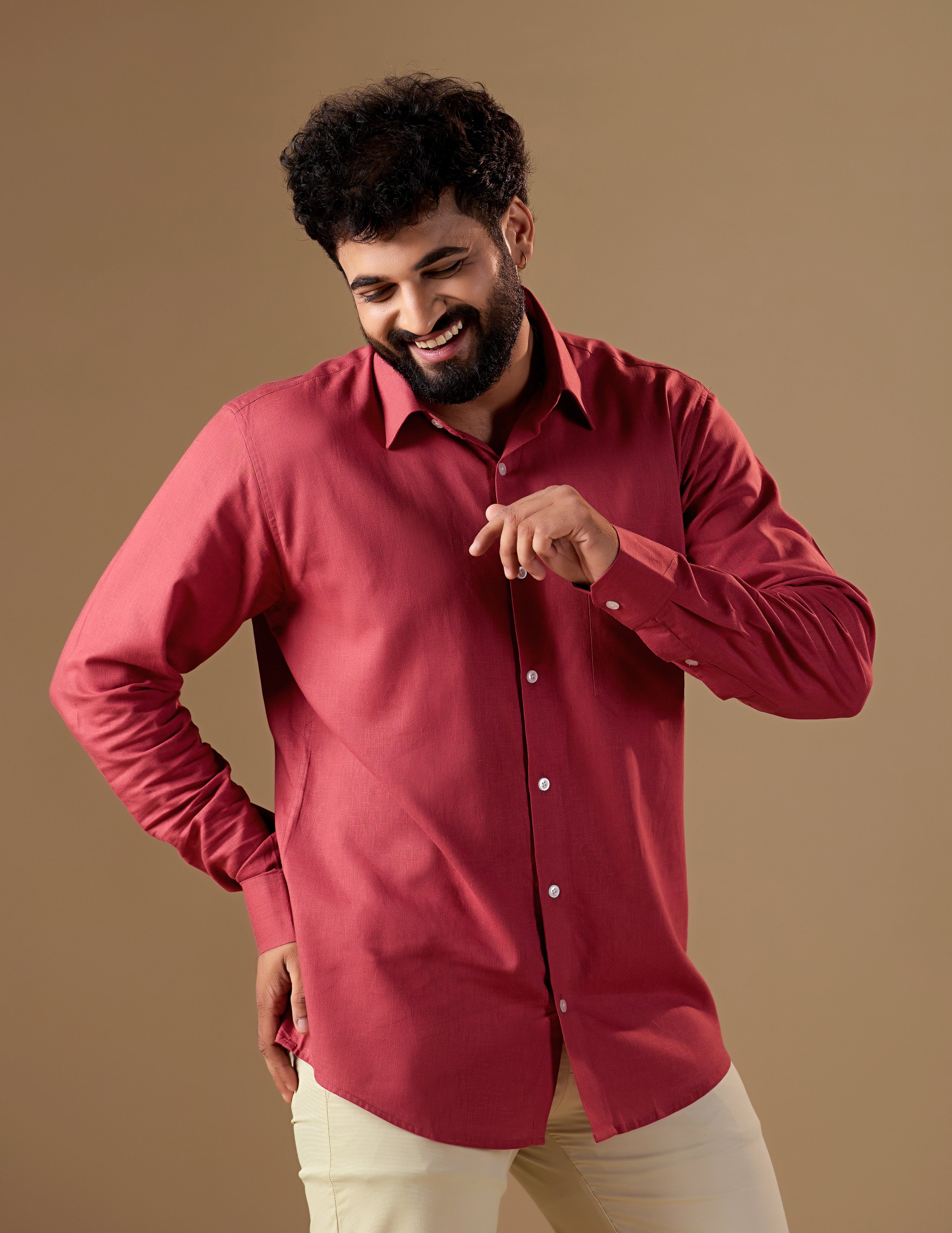 Men Red Solid Pure Linen Shirt