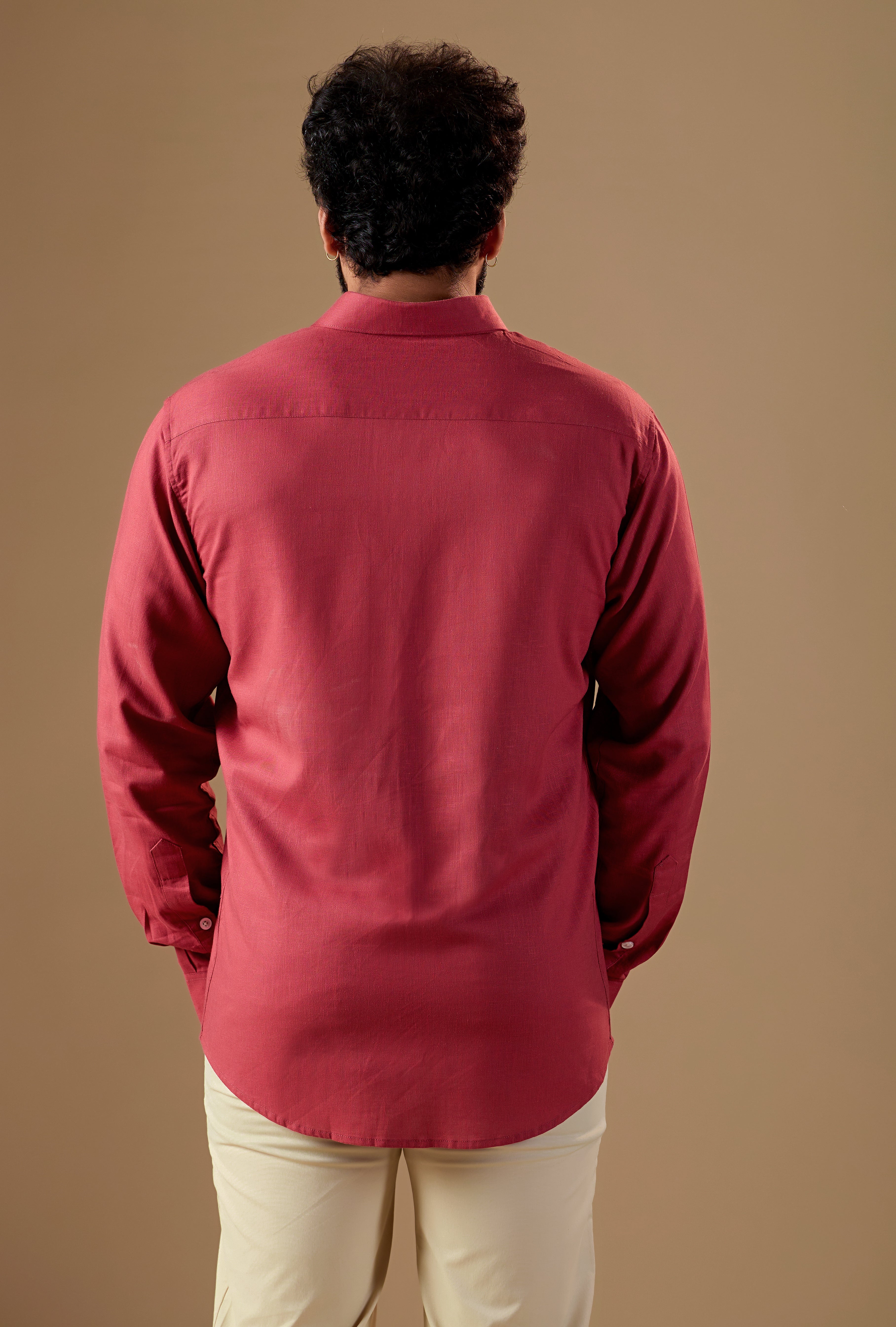 Men Red Solid Pure Linen Shirt