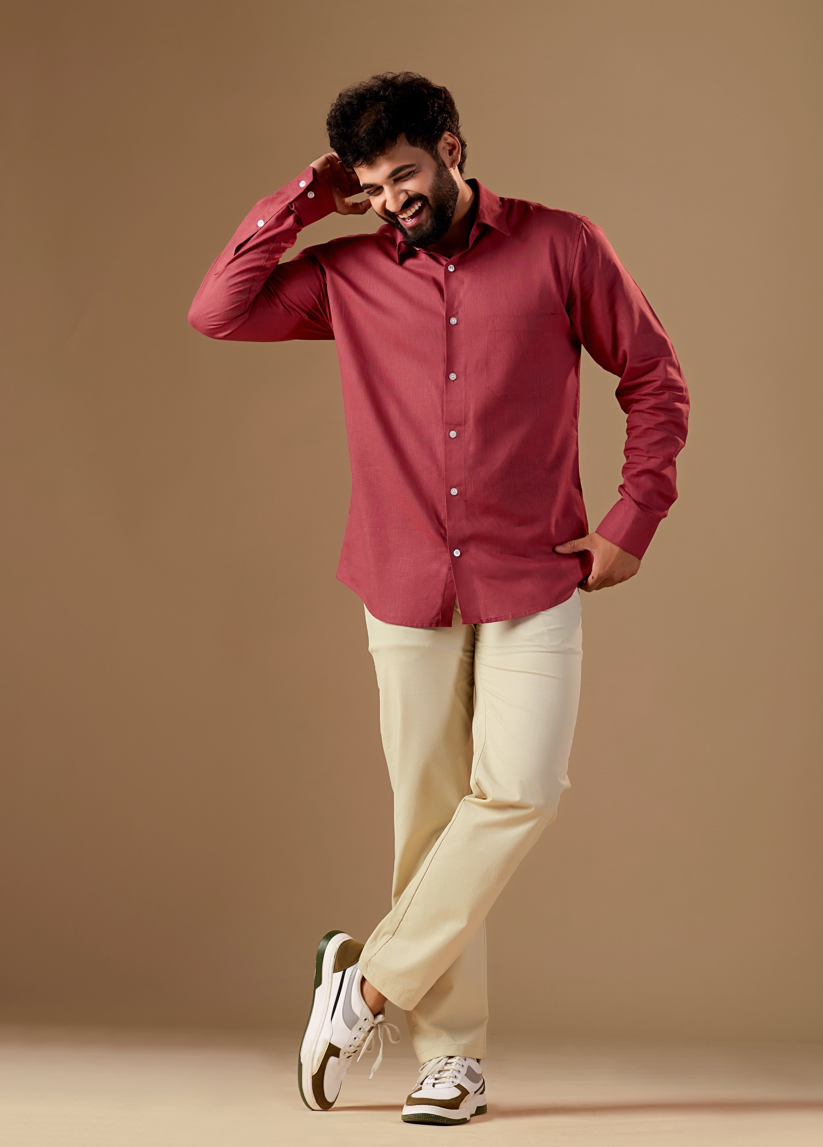 Men Red Solid Pure Linen Shirt