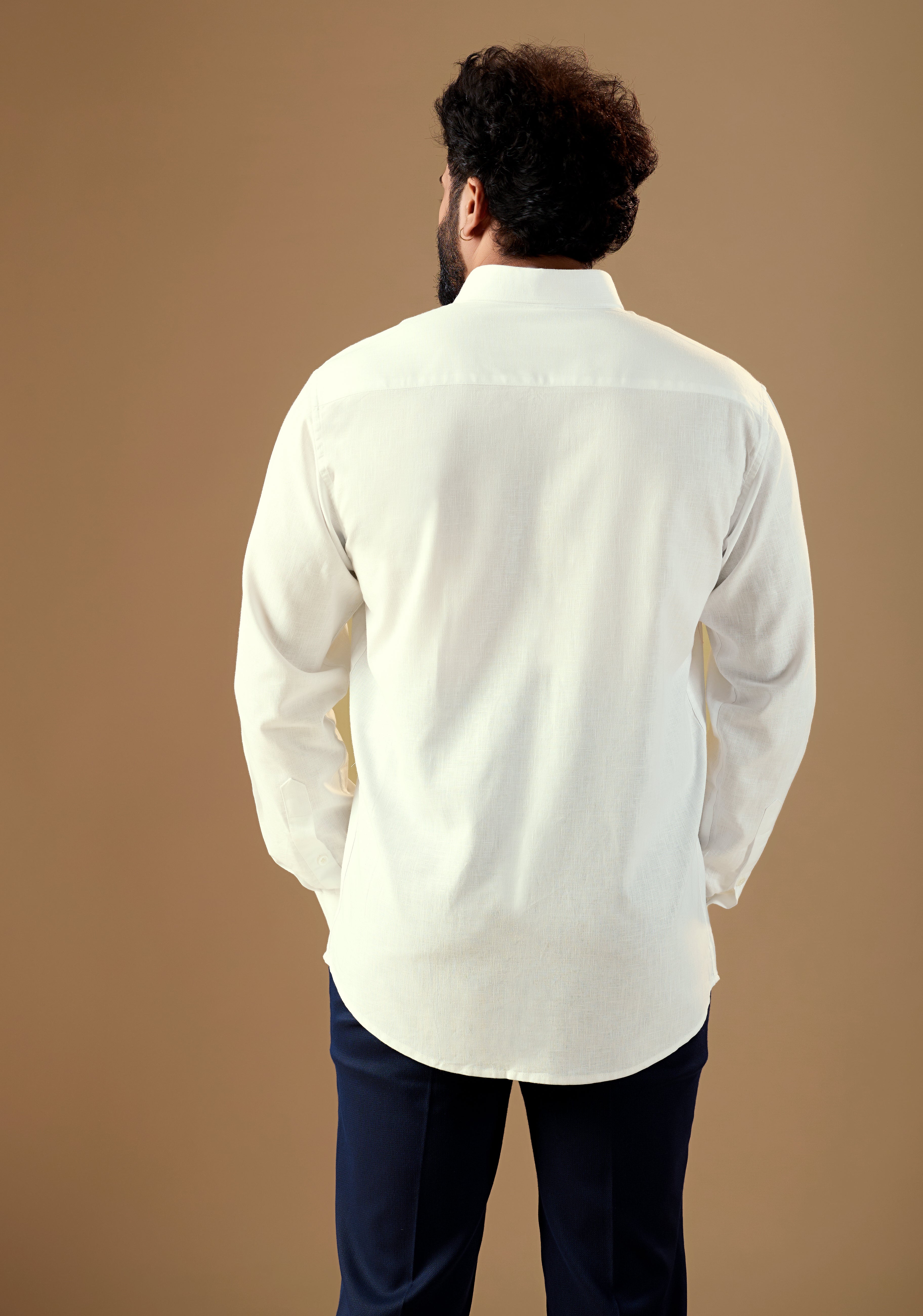 Men White Solid Pure Linen Shirt