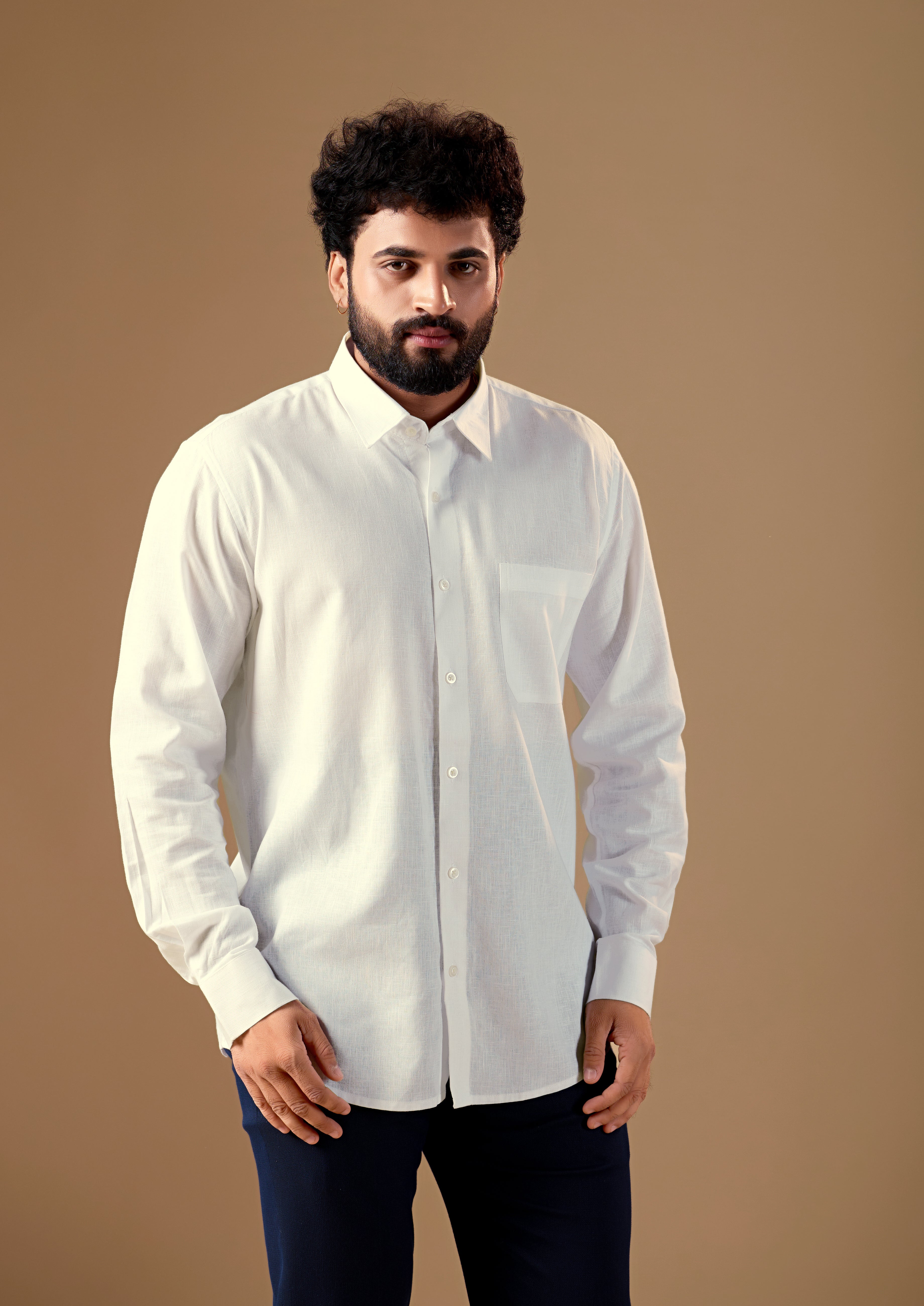 Men White Solid Pure Linen Shirt
