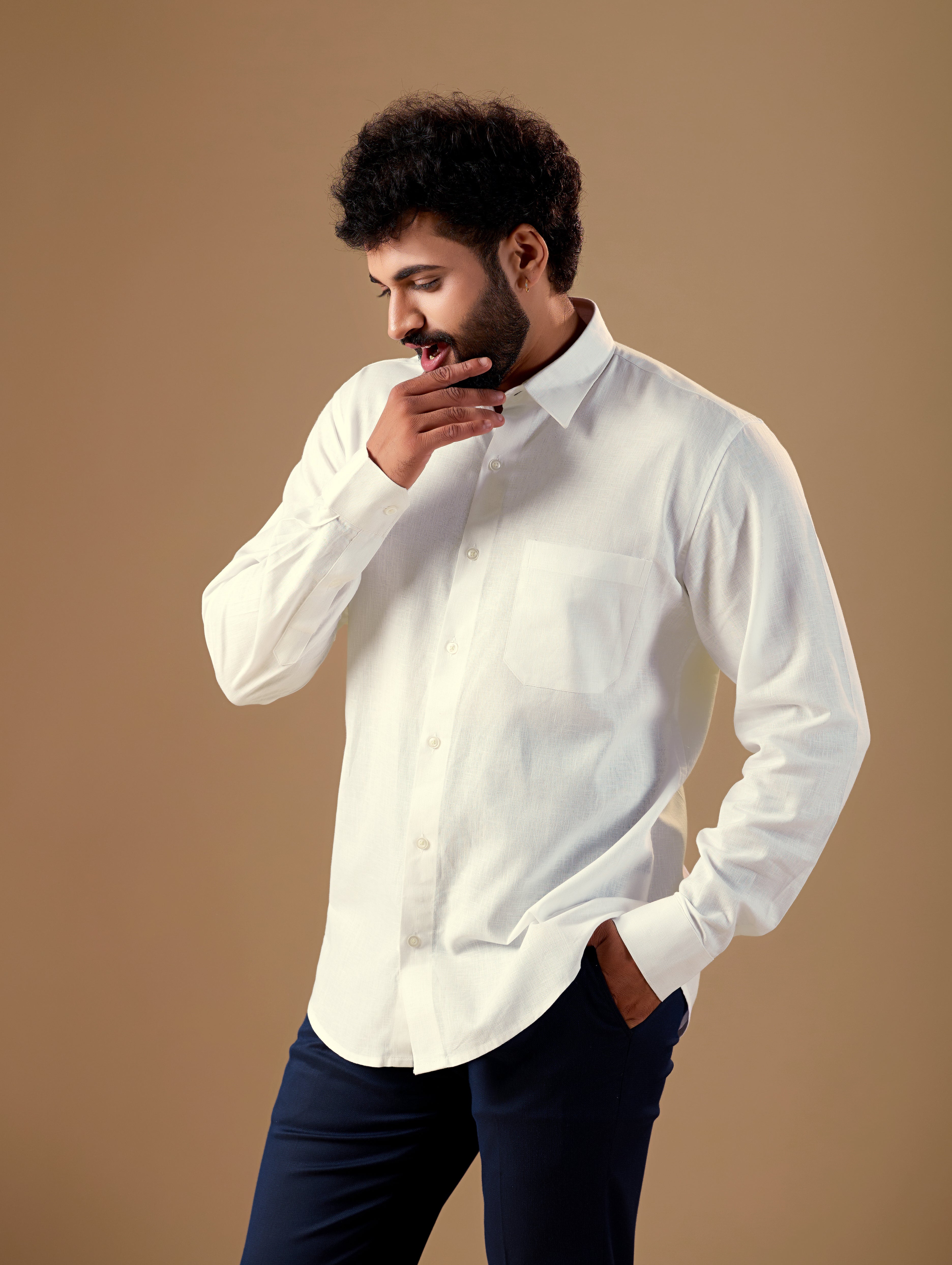 Men White Solid Pure Linen Shirt