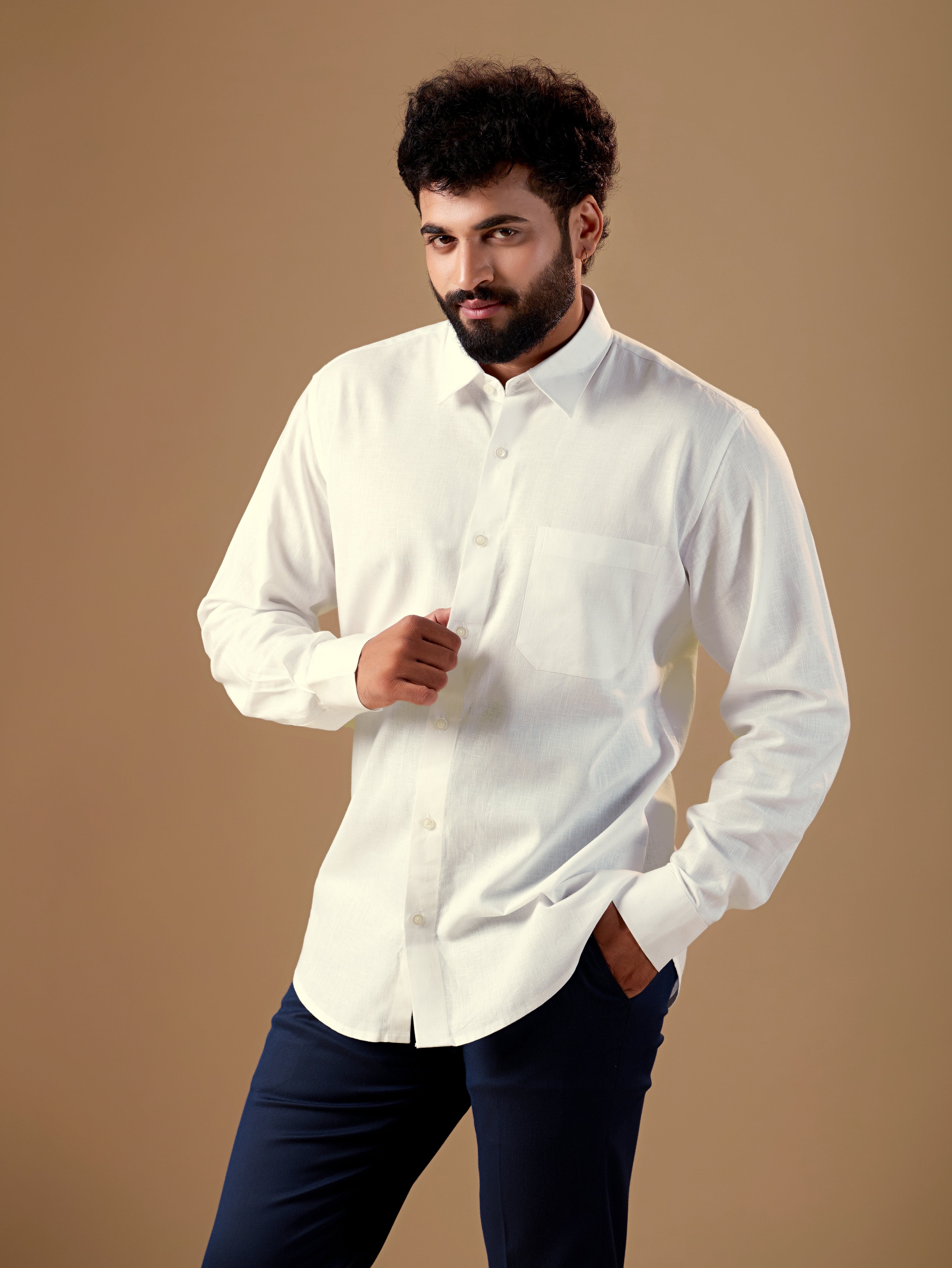 Men White Solid Pure Linen Shirt