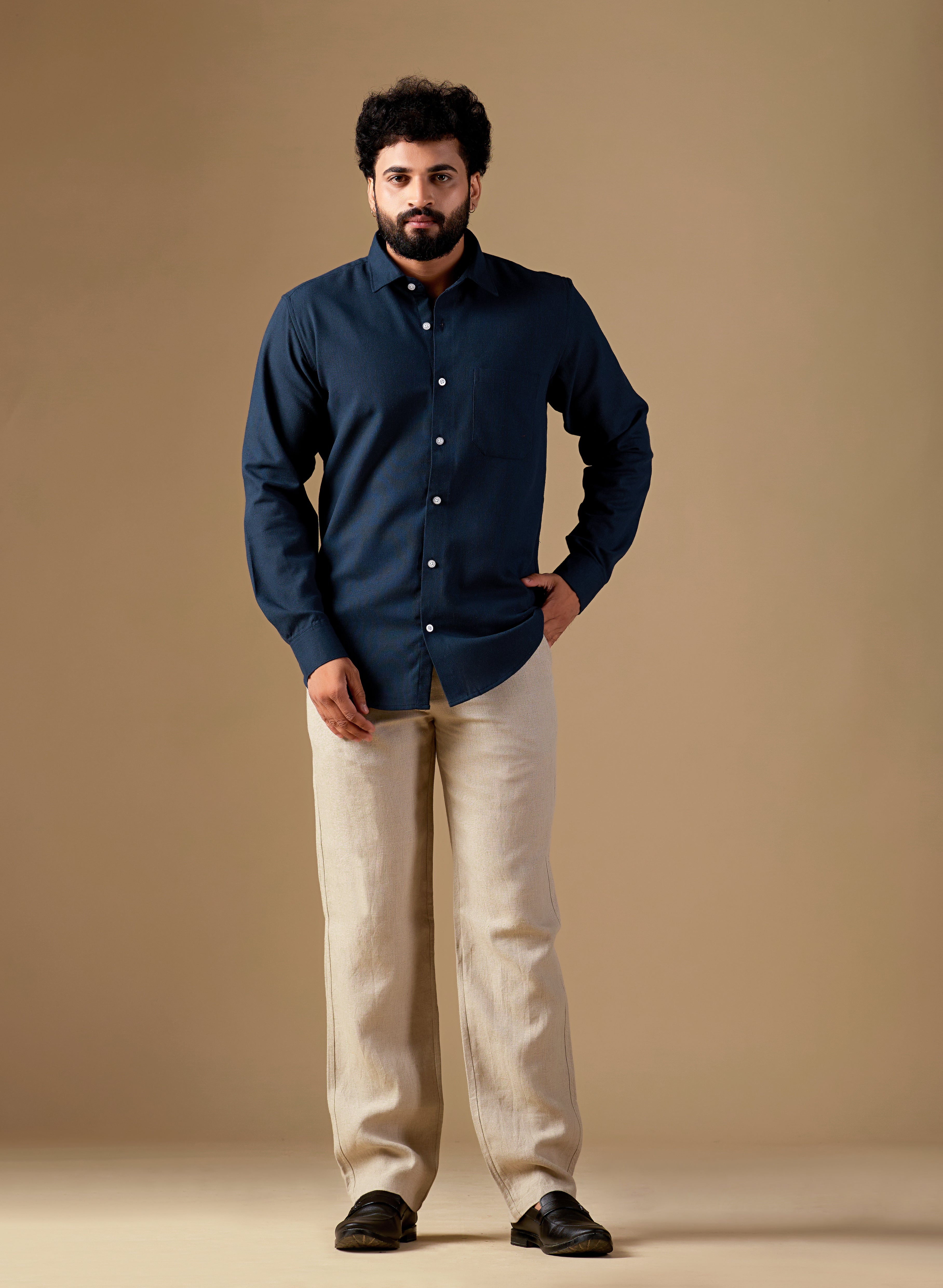 Men Blue Solid Pure Khadi Shirt