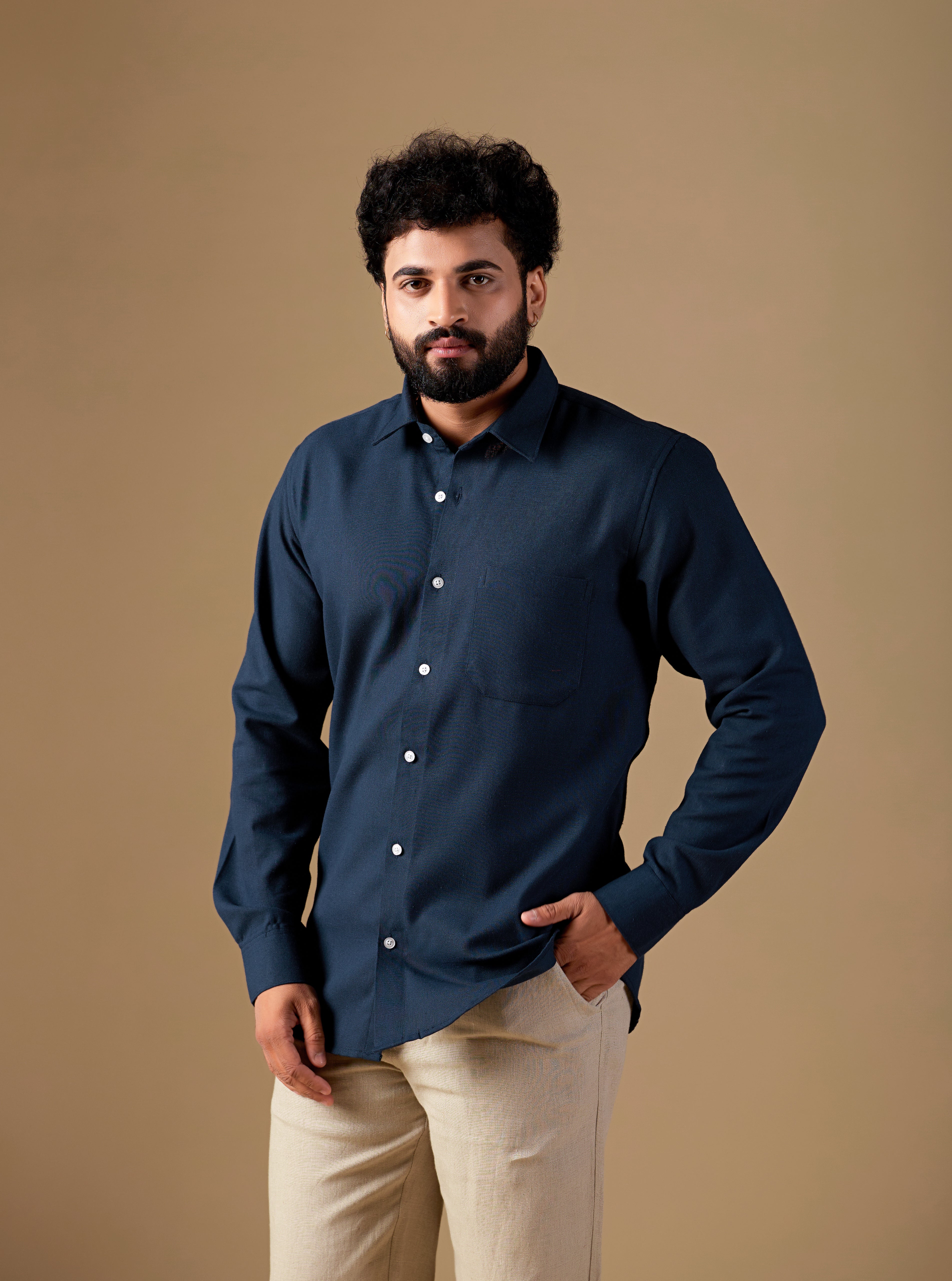 Men Blue Solid Pure Khadi Shirt
