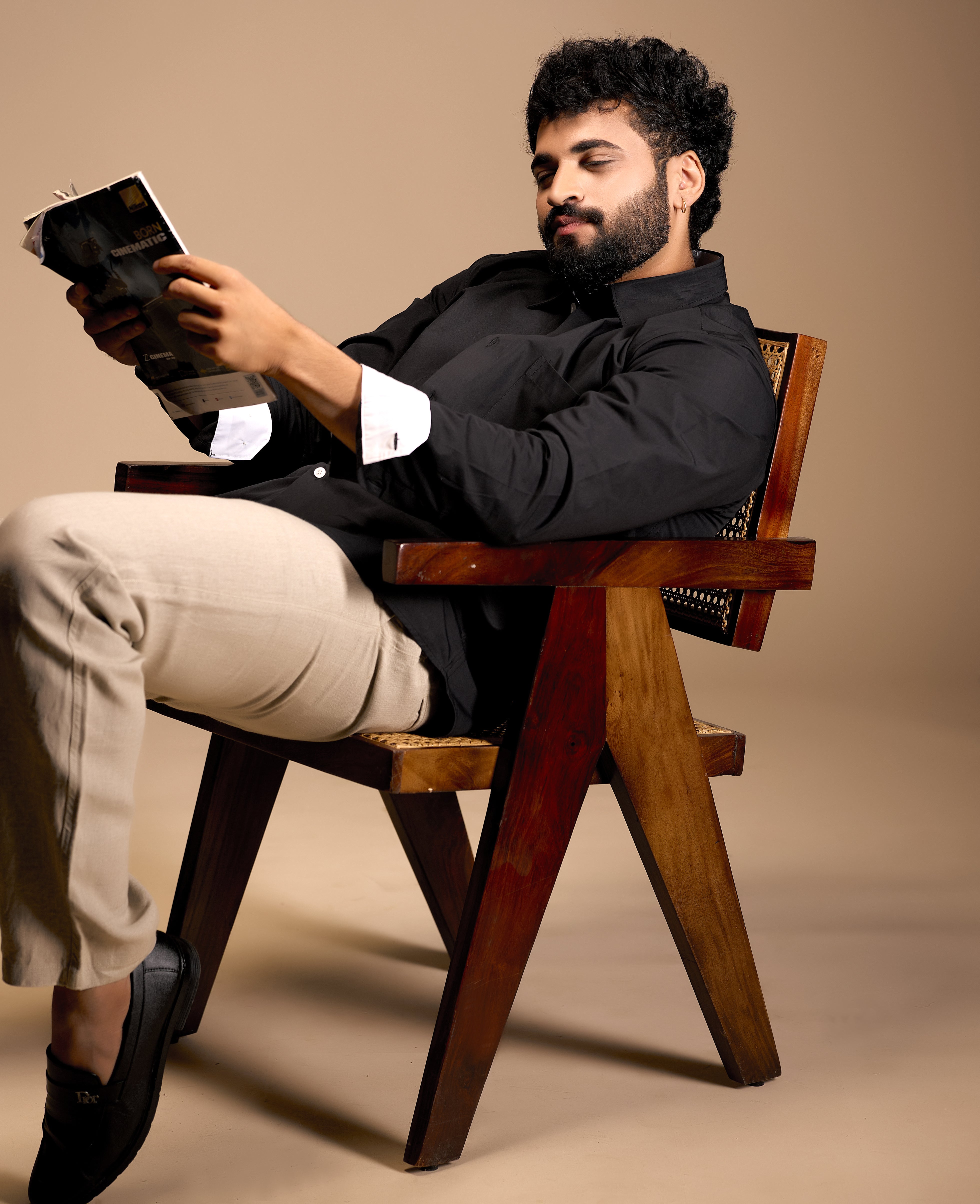 Men Black Solid Supima Cotton Shirt with White Contrast Detail