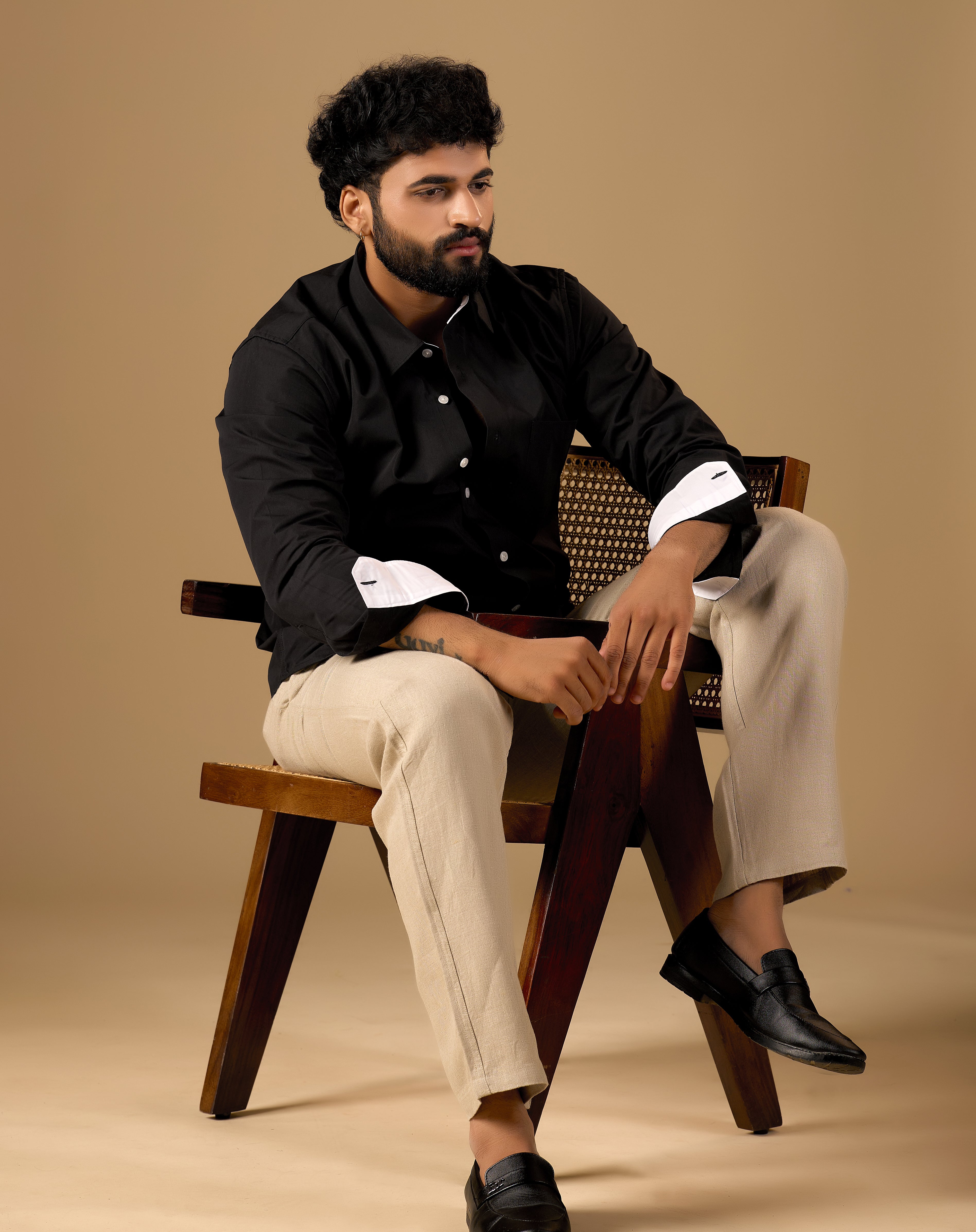 Men Black Solid Supima Cotton Shirt with White Contrast Detail