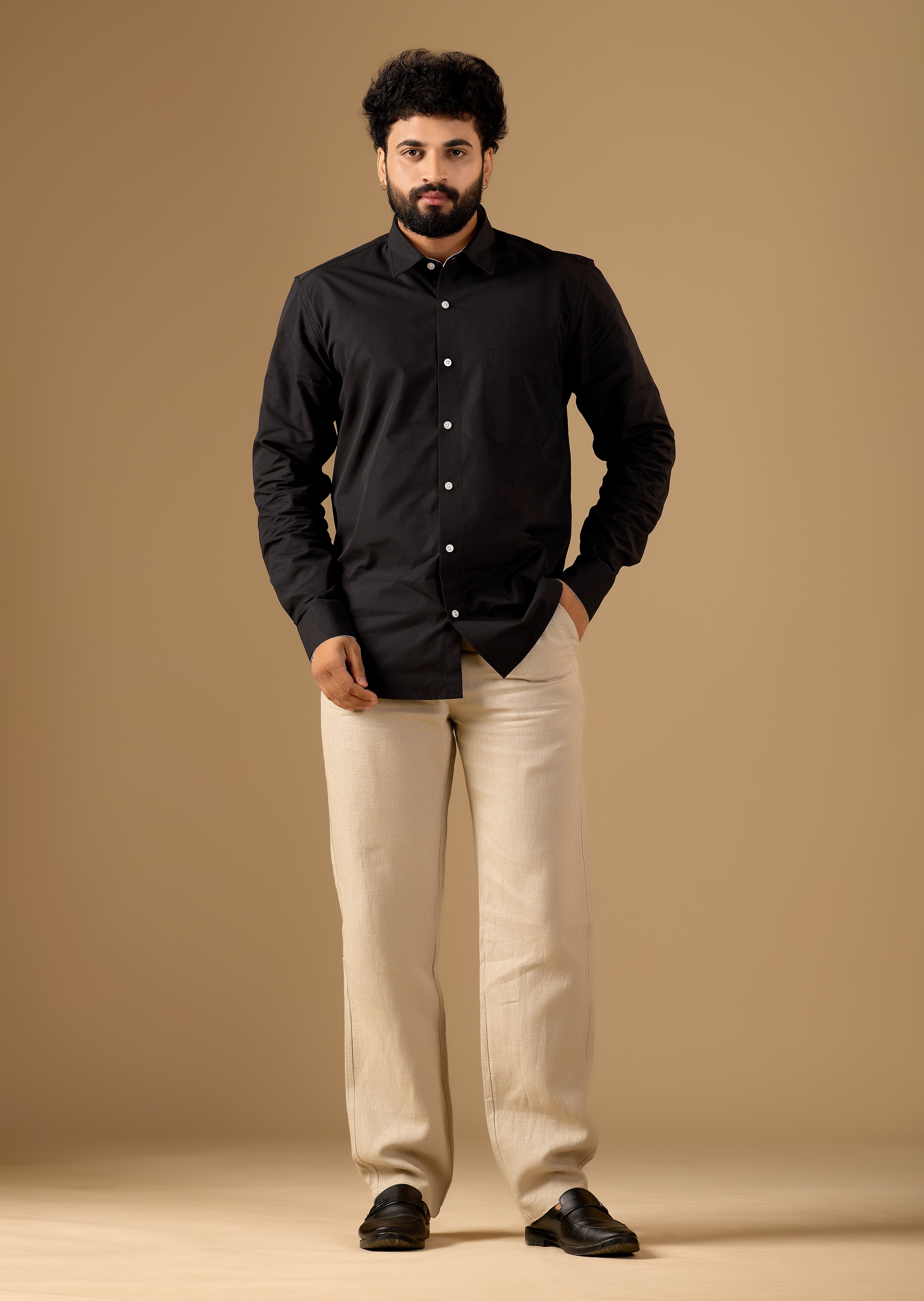 Men Black Solid Supima Cotton Shirt with White Contrast Detail