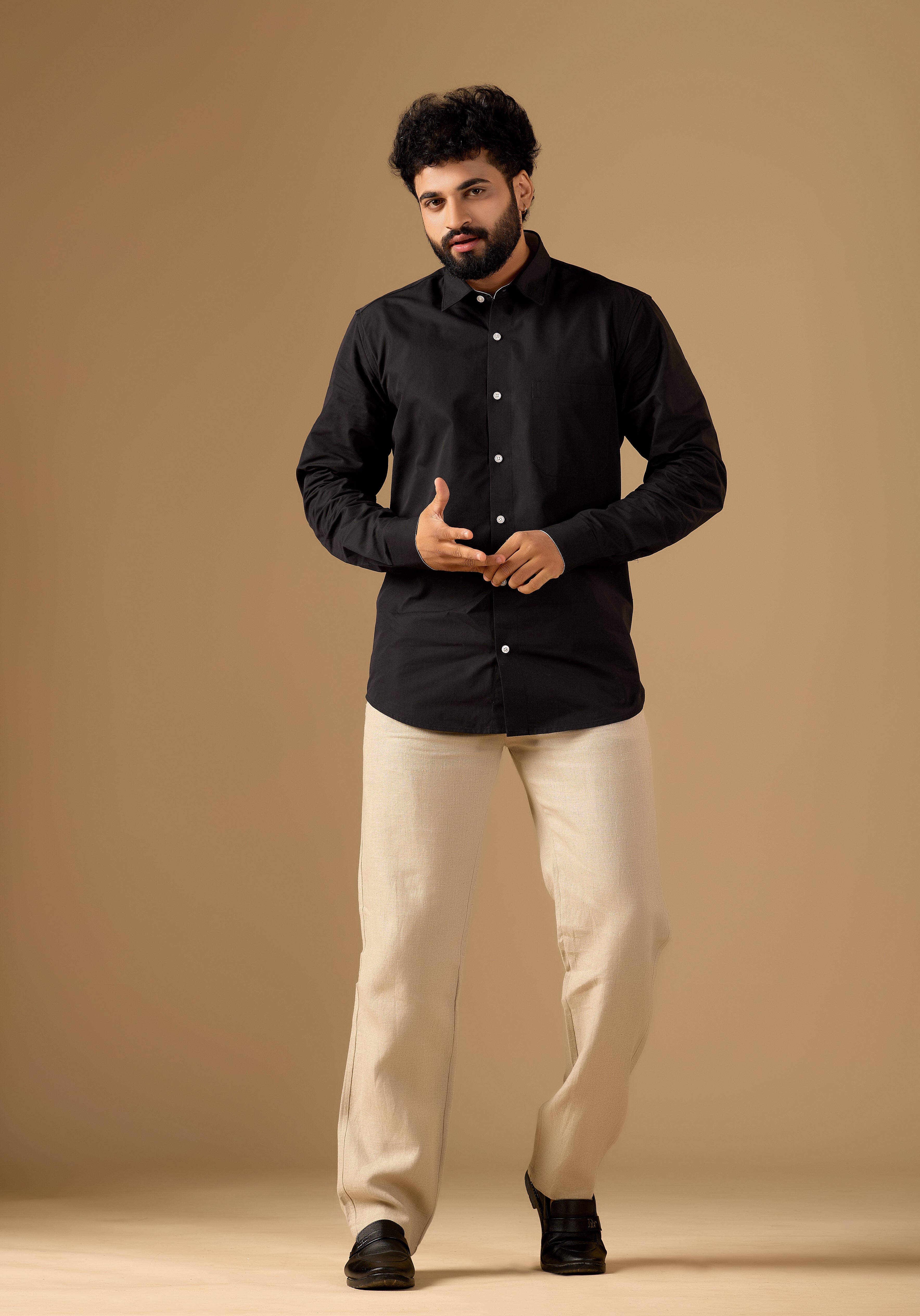 Men Black Solid Supima Cotton Shirt with White Contrast Detail