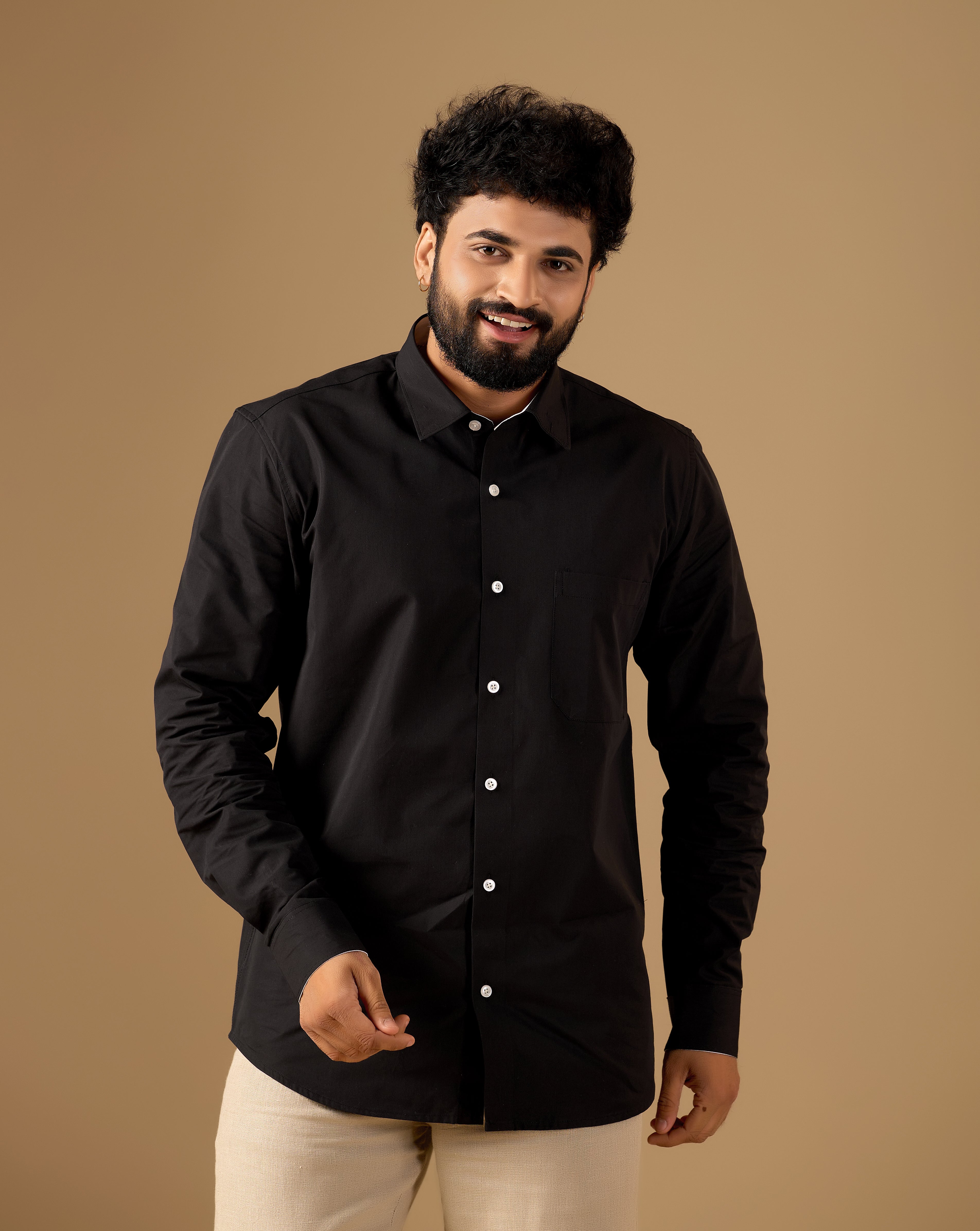 Men Black Solid Supima Cotton Shirt with White Contrast Detail