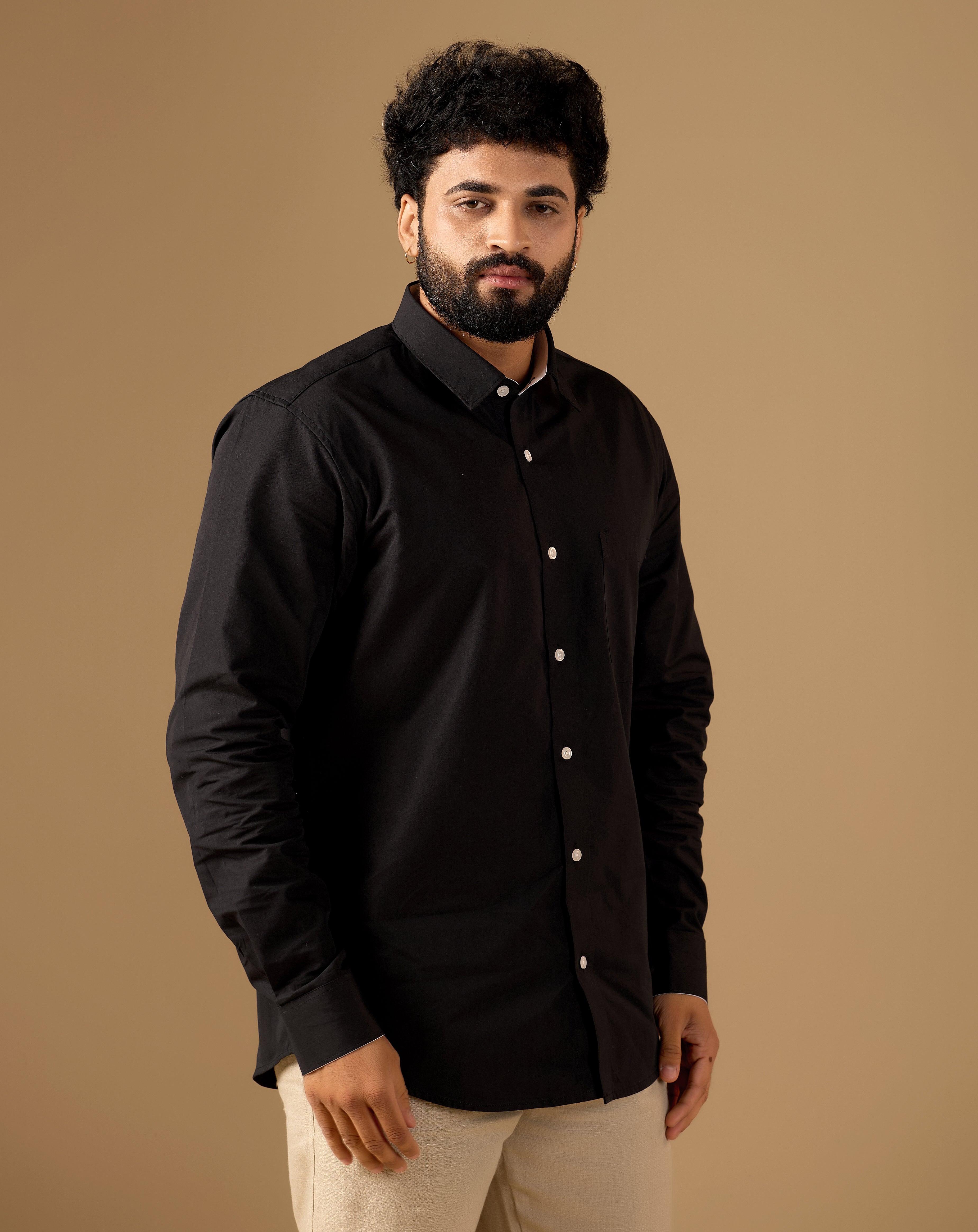 Men Black Solid Supima Cotton Shirt with White Contrast Detail