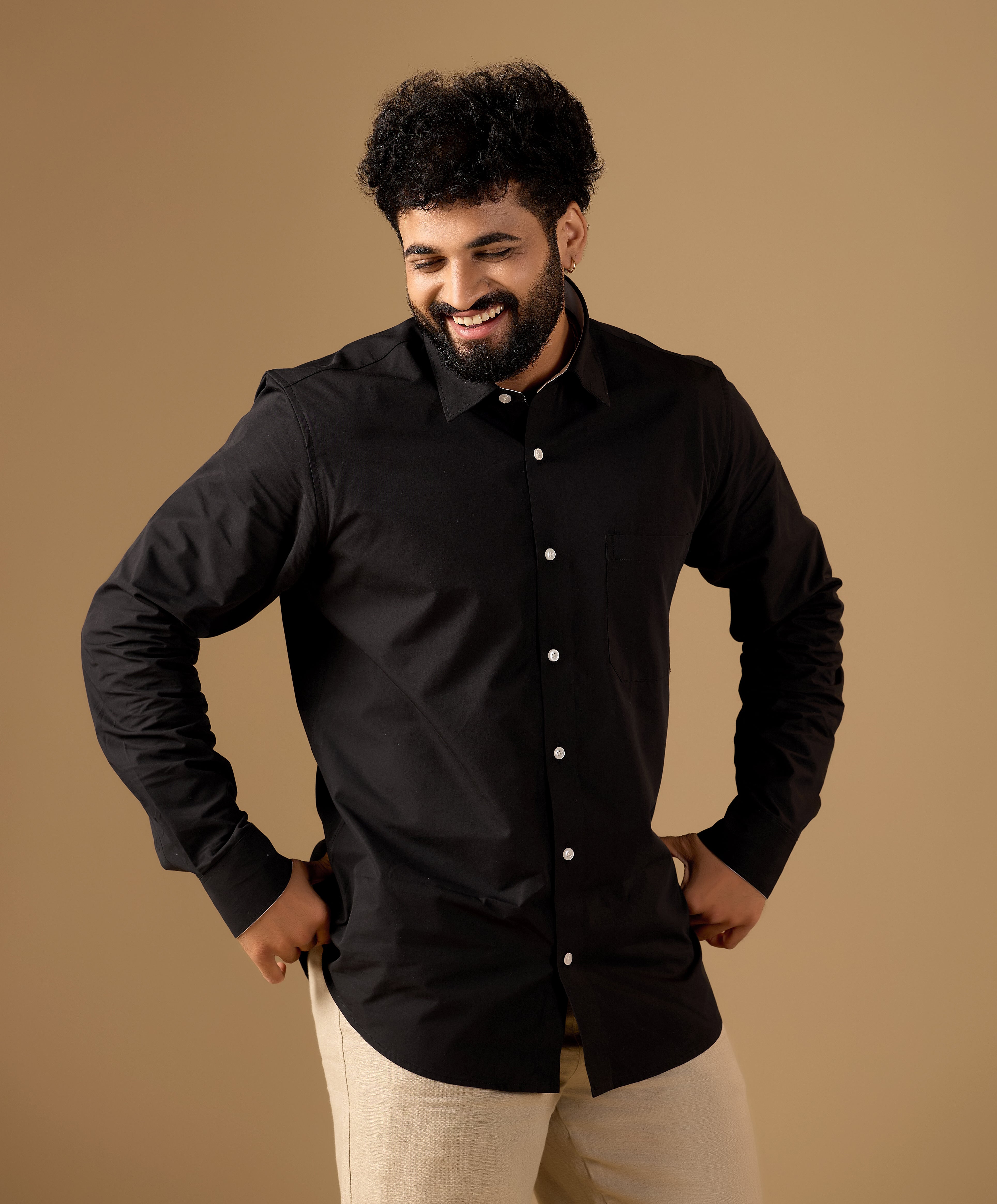 Men Black Solid Supima Cotton Shirt with White Contrast Detail