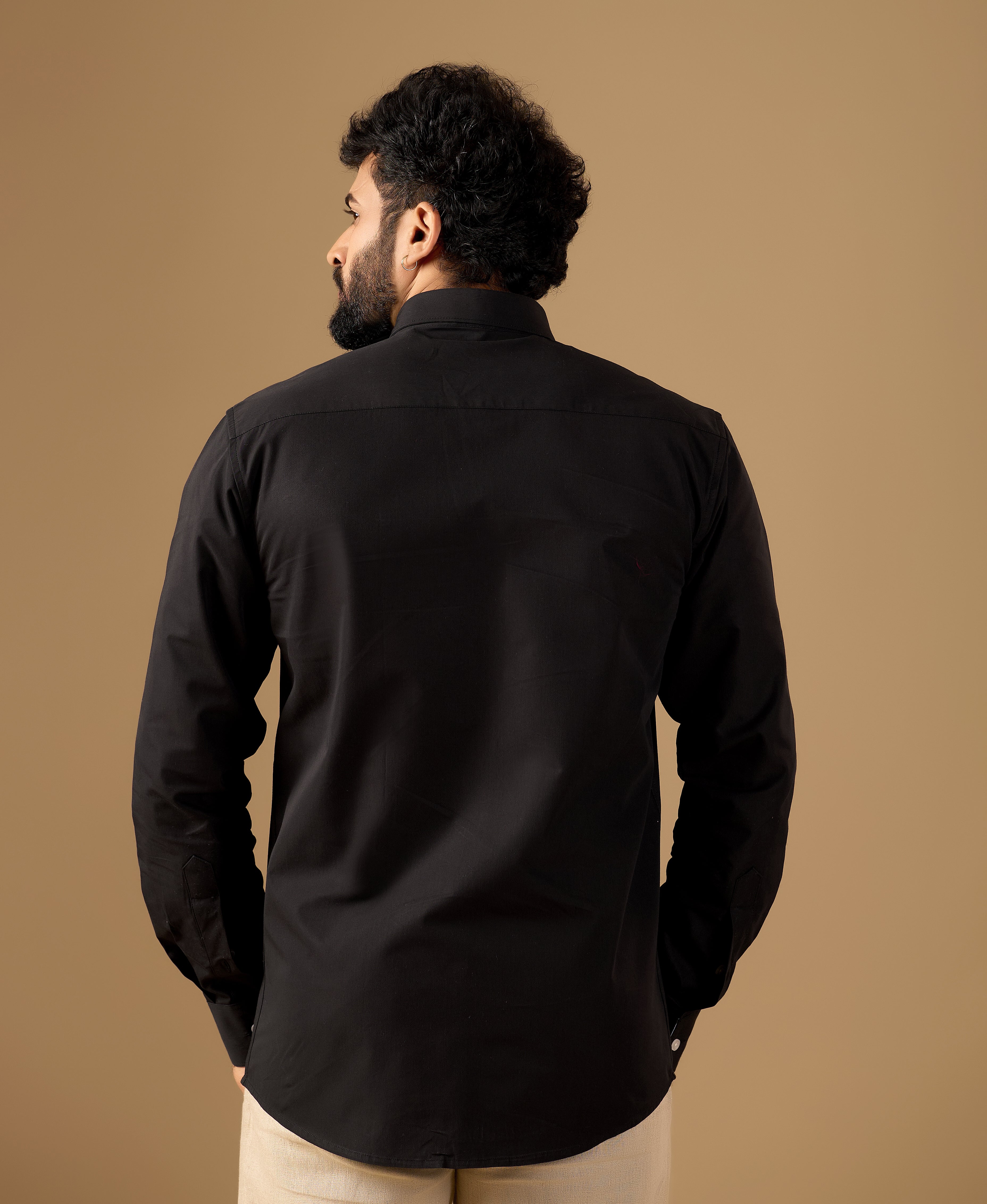 Men Black Solid Supima Cotton Shirt with White Contrast Detail
