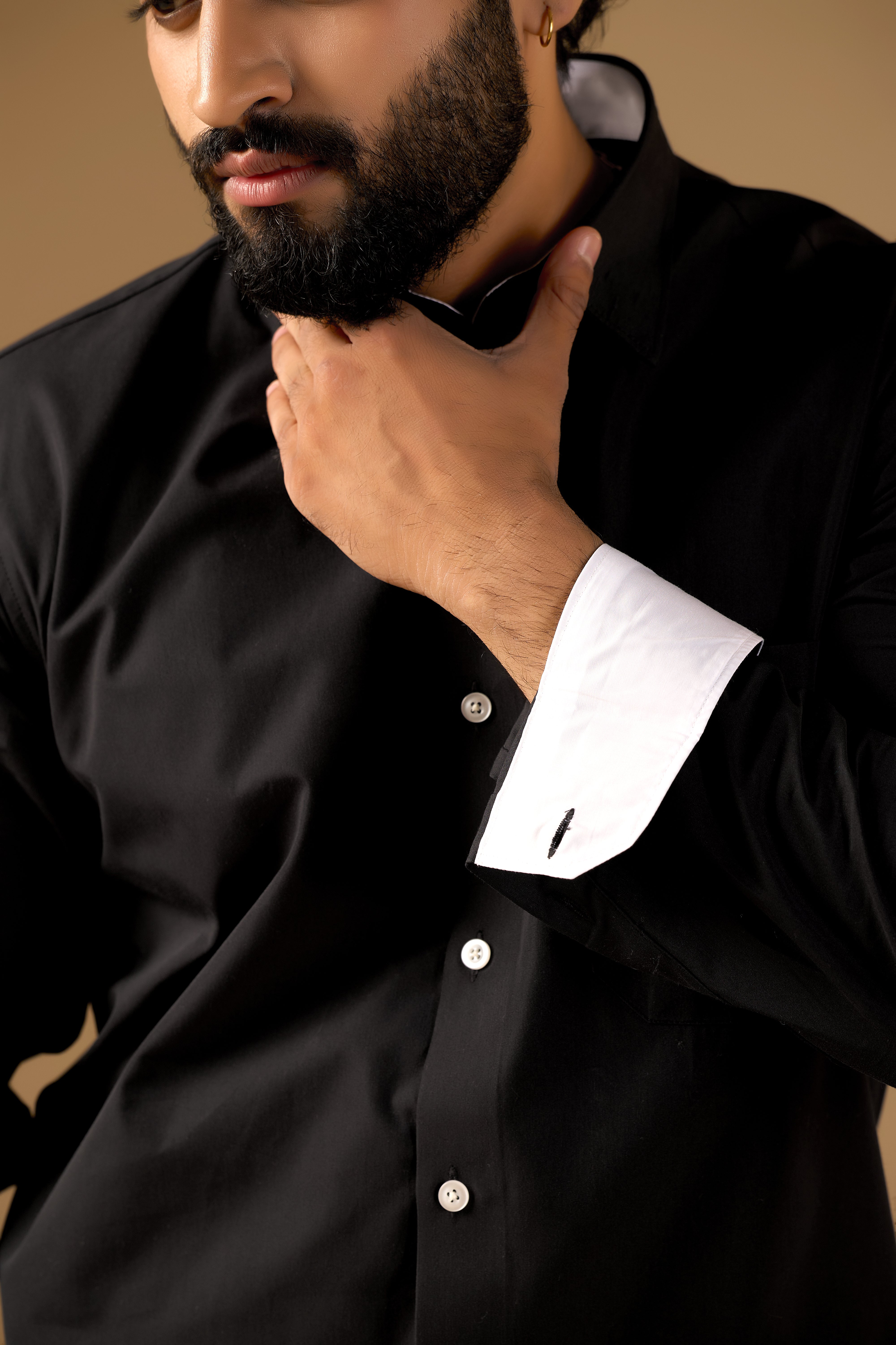 Men Black Solid Supima Cotton Shirt with White Contrast Detail