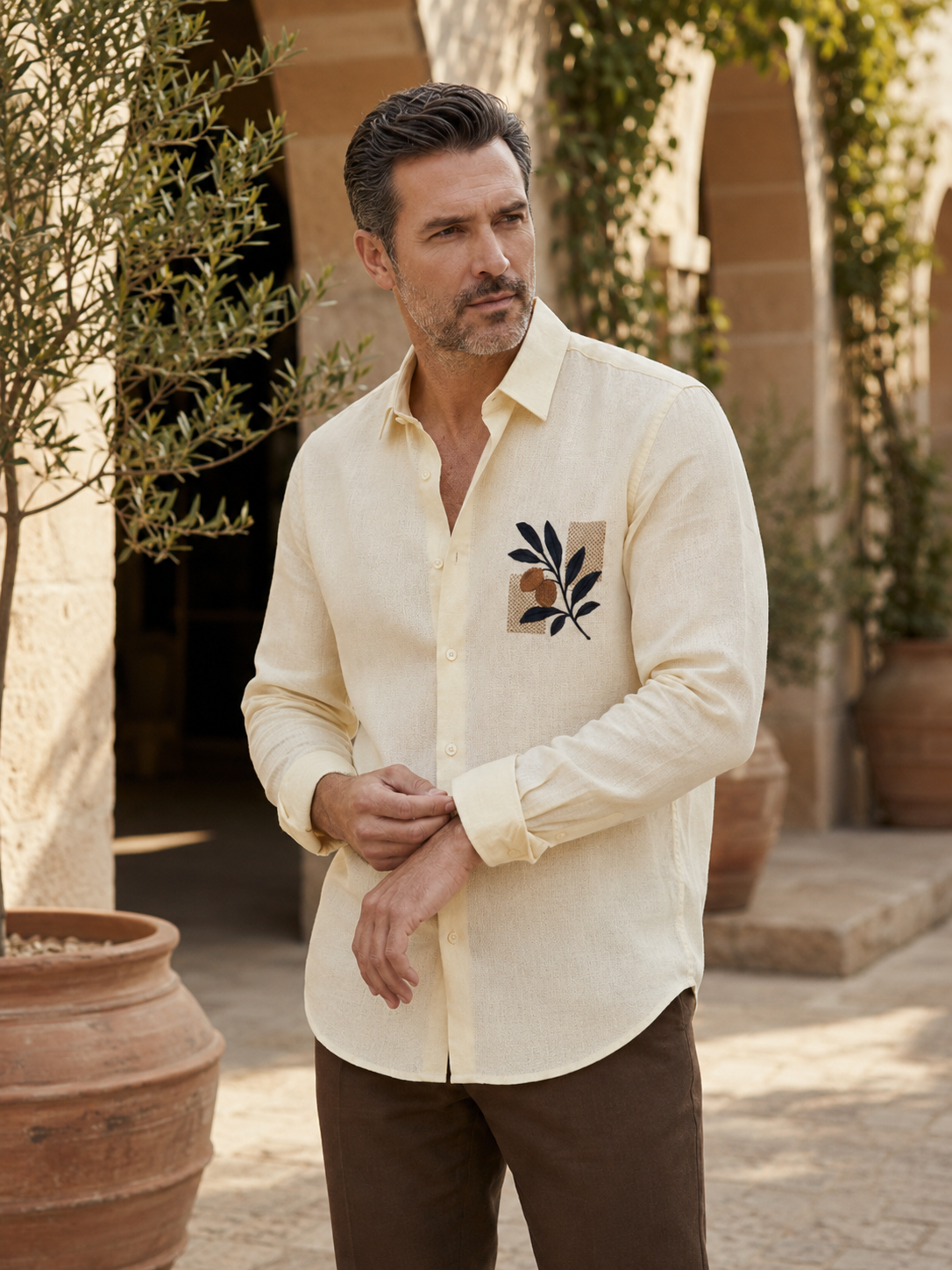 Men Cream Botanical Embroidered Pure Linen Shirt