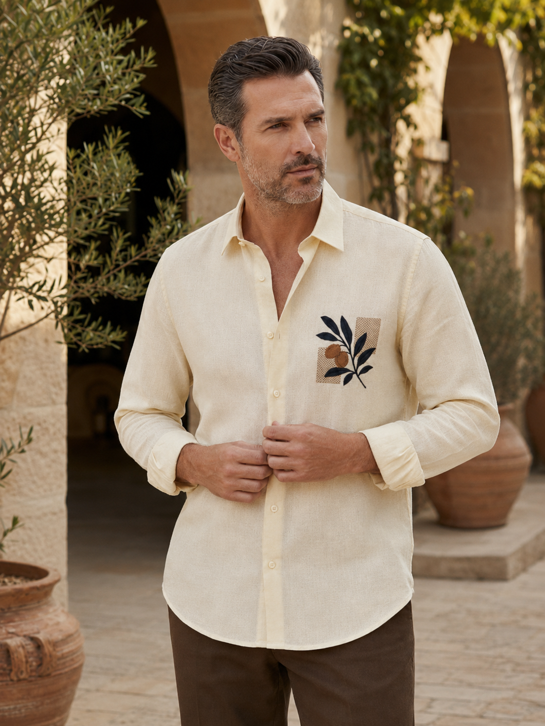 Men Cream Botanical Embroidered Pure Linen Shirt