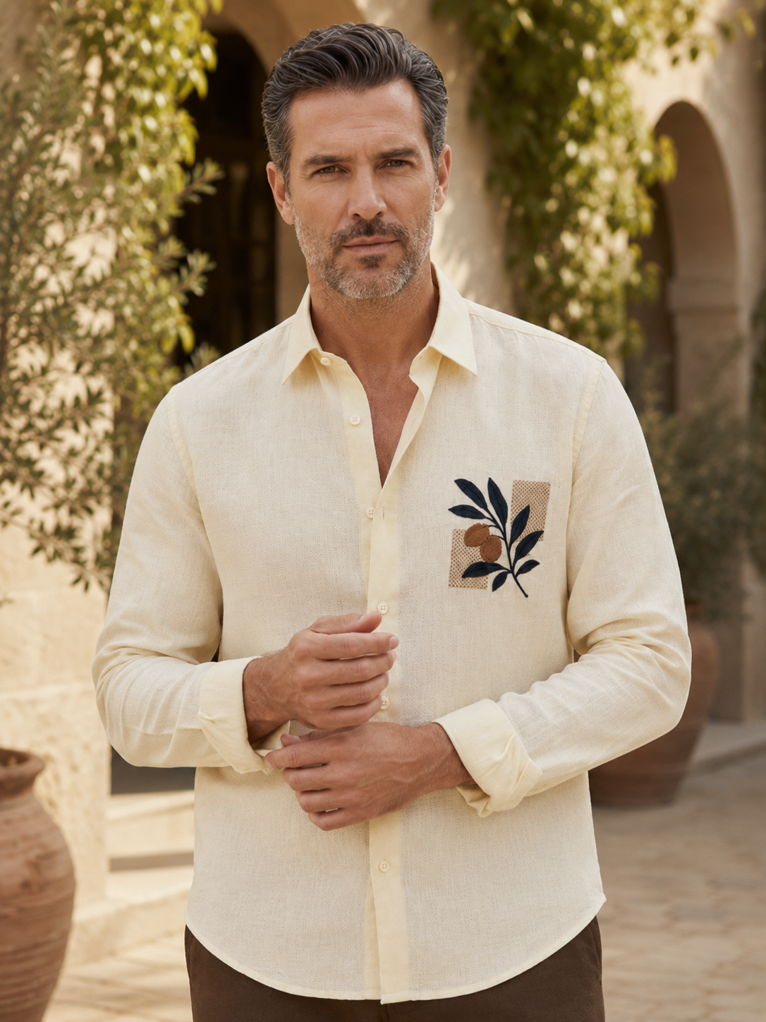 Men Cream Botanical Embroidered Pure Linen Shirt