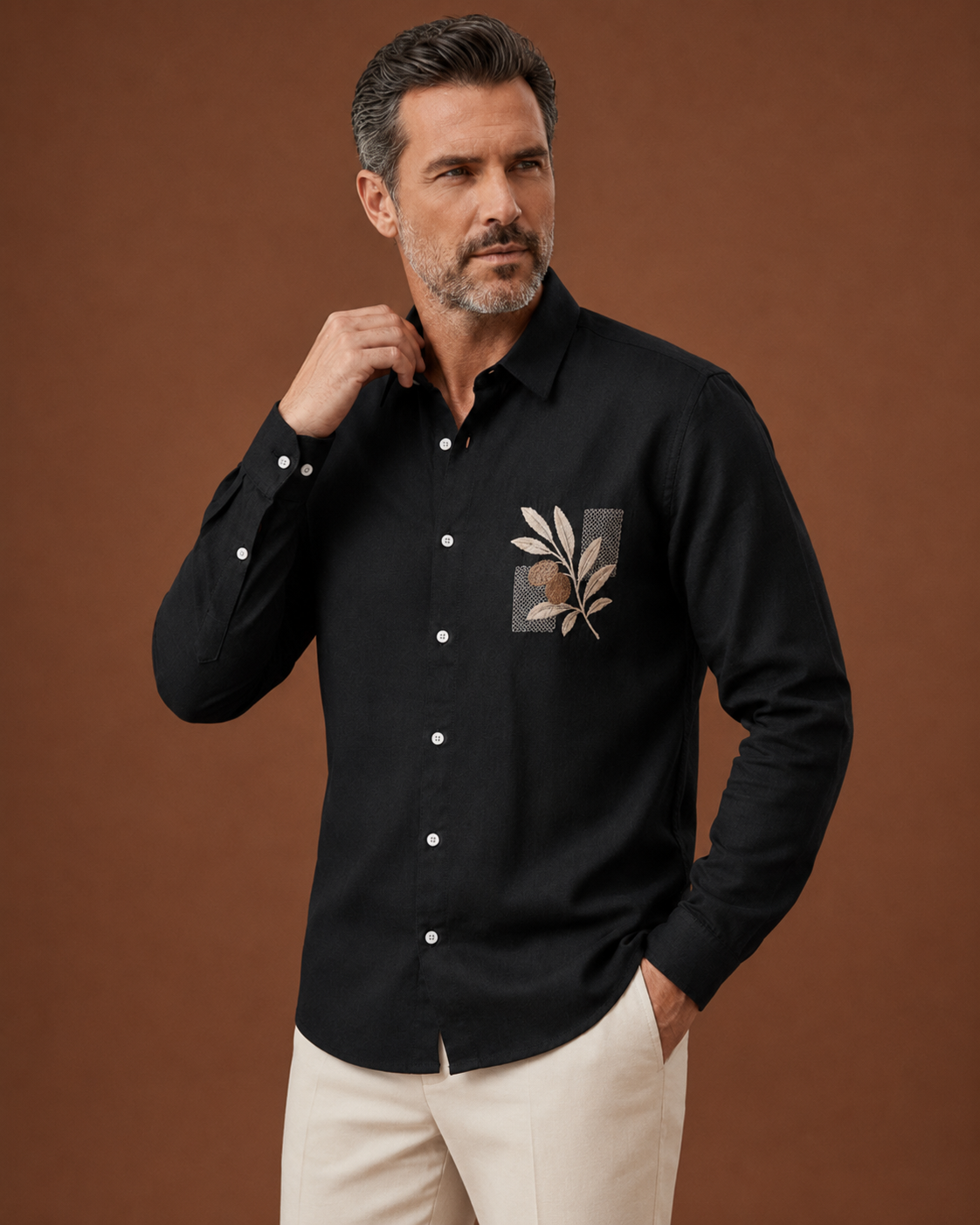 Men Black Botanical Embroidered Pure Linen Shirt