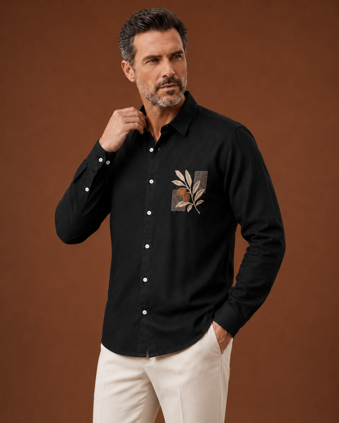 Men Black Botanical Embroidered Pure Linen Shirt